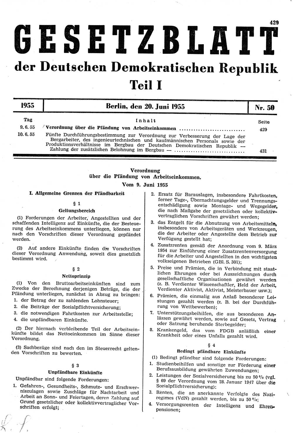 Gesetzblatt (GBl.) der Deutschen Demokratischen Republik (DDR) Teil Ⅰ 1955, Seite 429 (GBl. DDR Ⅰ 1955, S. 429)
