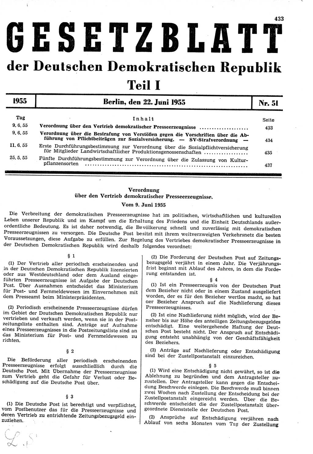 Gesetzblatt (GBl.) der Deutschen Demokratischen Republik (DDR) Teil Ⅰ 1955, Seite 433 (GBl. DDR Ⅰ 1955, S. 433)