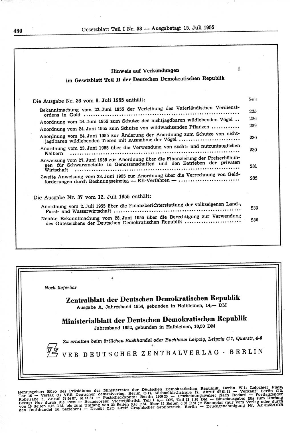 Gesetzblatt (GBl.) der Deutschen Demokratischen Republik (DDR) Teil Ⅰ 1955, Seite 480 (GBl. DDR Ⅰ 1955, S. 480)