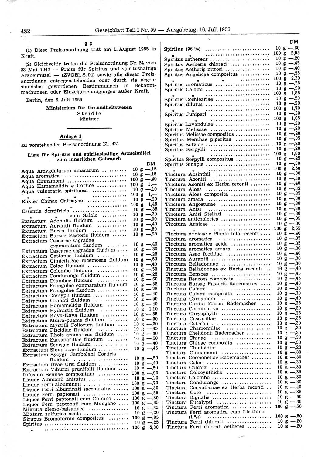Gesetzblatt (GBl.) der Deutschen Demokratischen Republik (DDR) Teil Ⅰ 1955, Seite 482 (GBl. DDR Ⅰ 1955, S. 482)