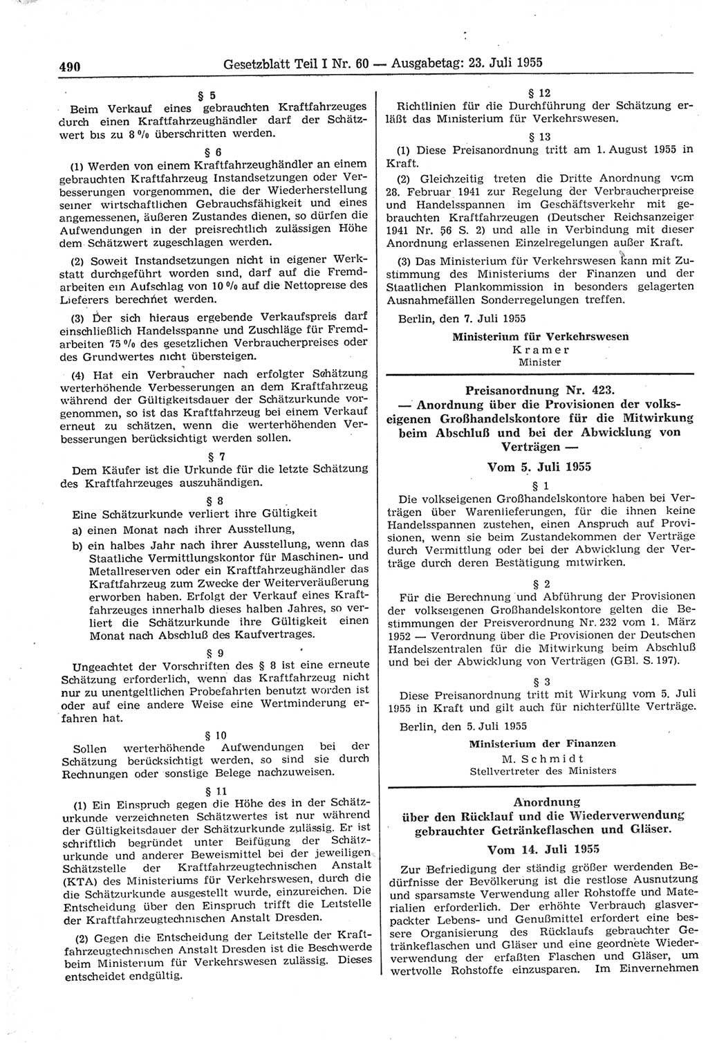 Gesetzblatt (GBl.) der Deutschen Demokratischen Republik (DDR) Teil Ⅰ 1955, Seite 490 (GBl. DDR Ⅰ 1955, S. 490)