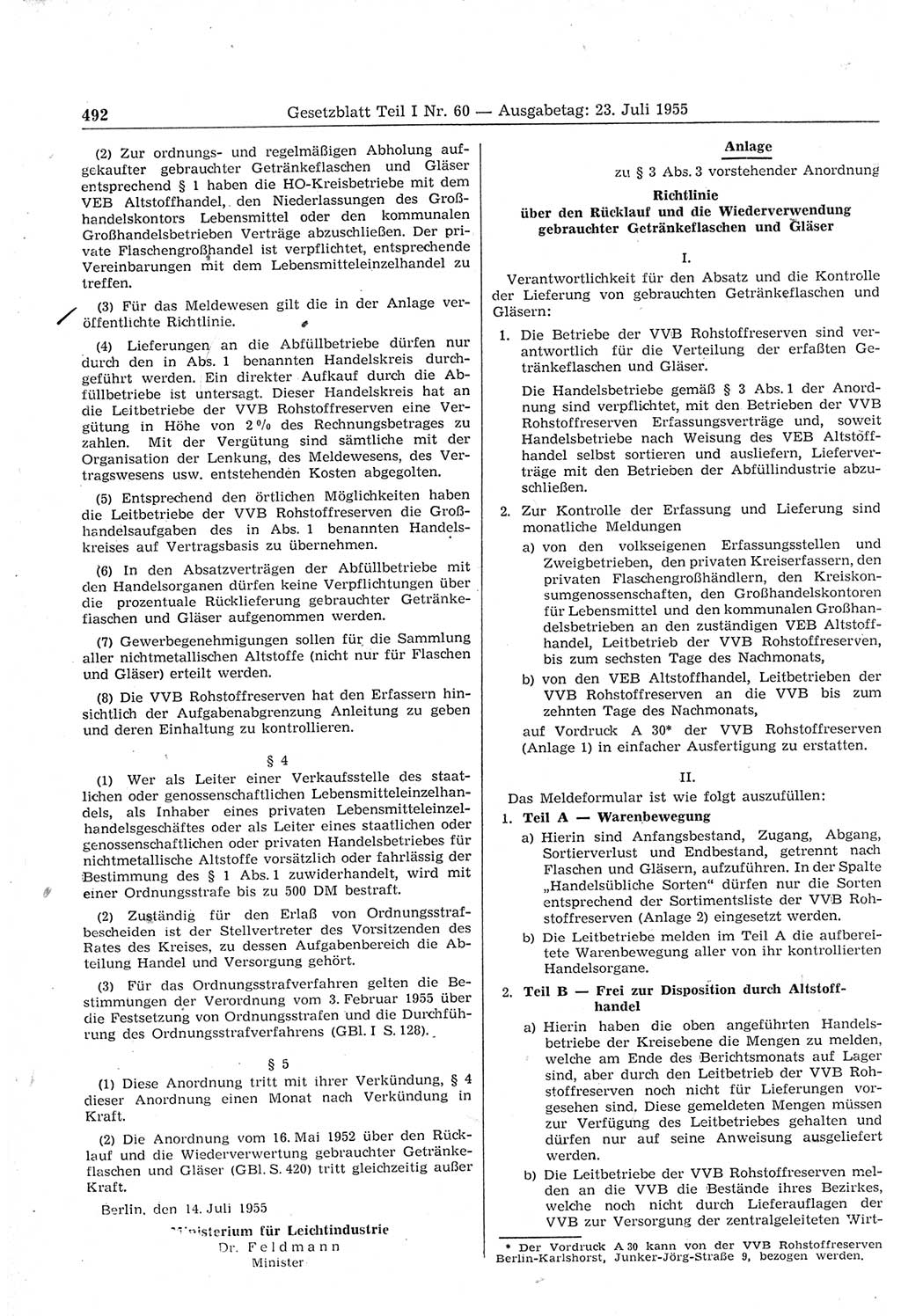 Gesetzblatt (GBl.) der Deutschen Demokratischen Republik (DDR) Teil Ⅰ 1955, Seite 492 (GBl. DDR Ⅰ 1955, S. 492)