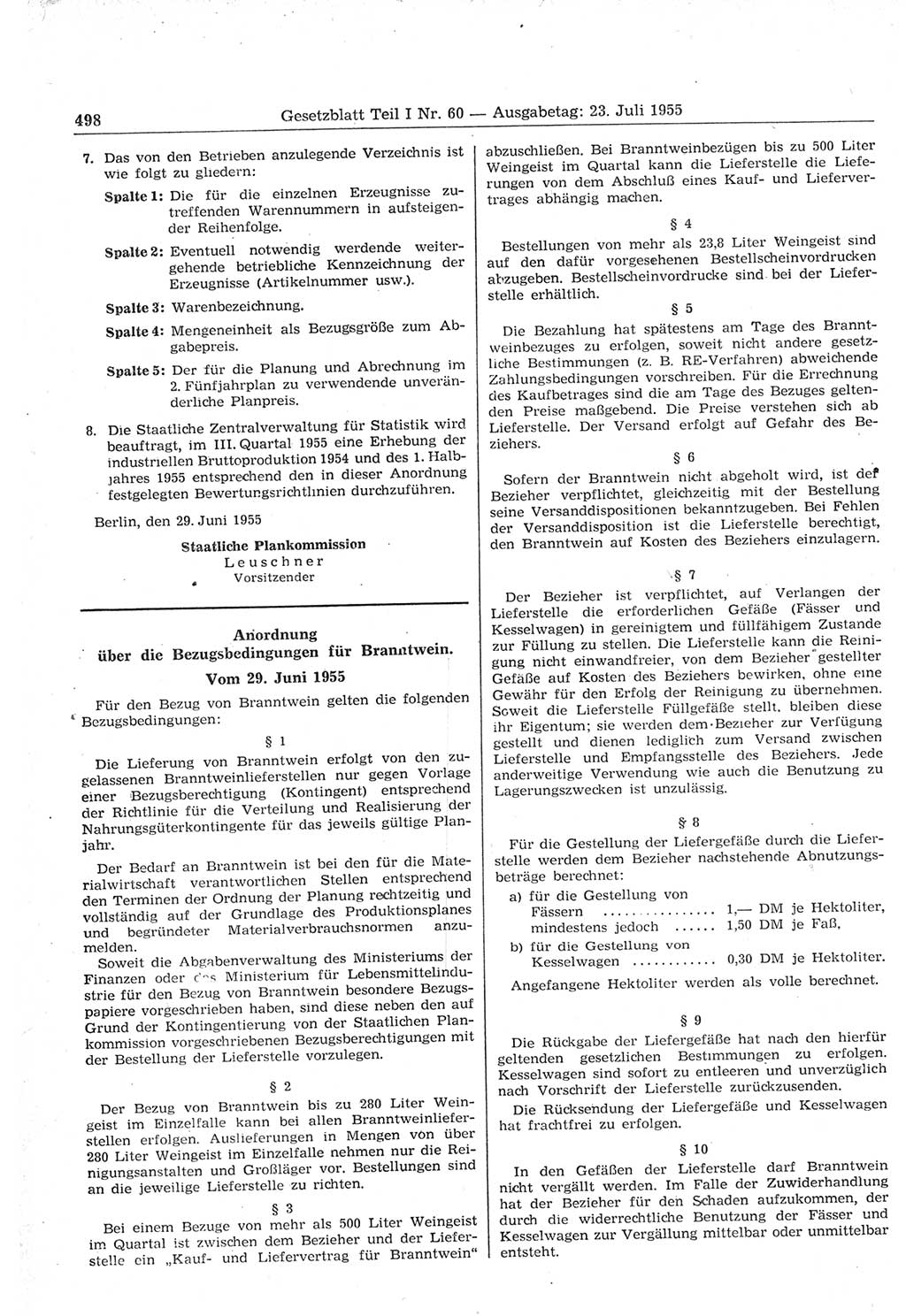 Gesetzblatt (GBl.) der Deutschen Demokratischen Republik (DDR) Teil Ⅰ 1955, Seite 498 (GBl. DDR Ⅰ 1955, S. 498)