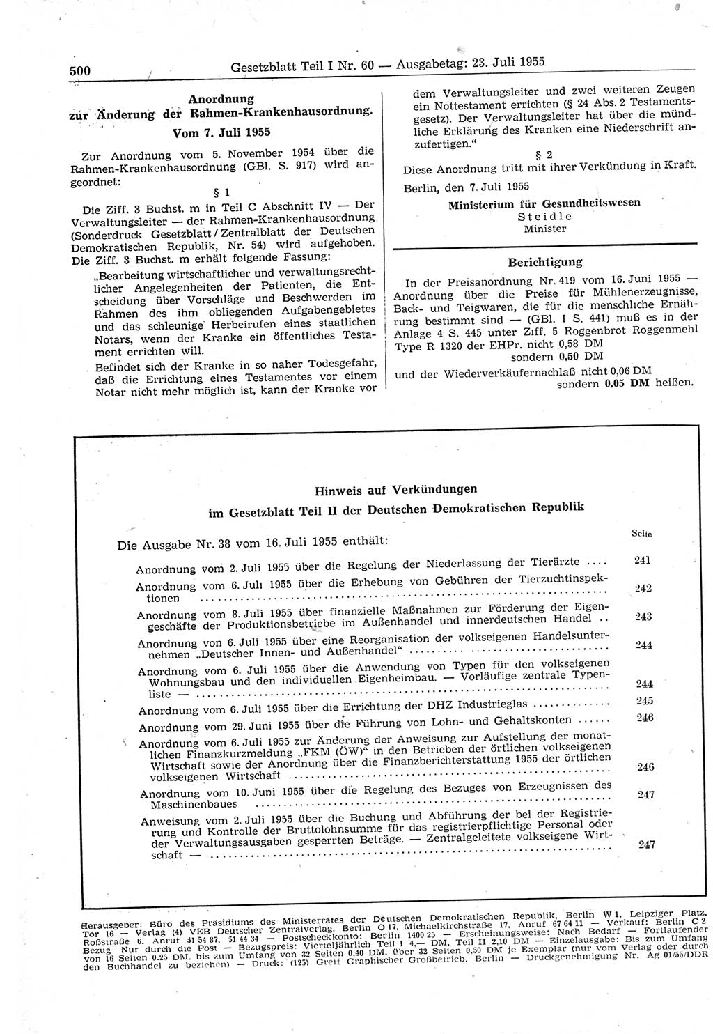 Gesetzblatt (GBl.) der Deutschen Demokratischen Republik (DDR) Teil Ⅰ 1955, Seite 500 (GBl. DDR Ⅰ 1955, S. 500)