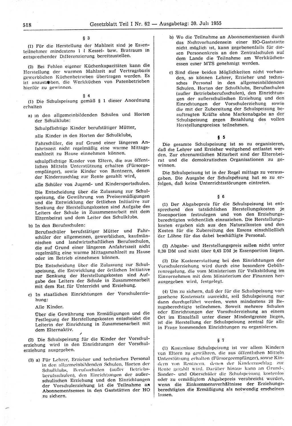 Gesetzblatt (GBl.) der Deutschen Demokratischen Republik (DDR) Teil Ⅰ 1955, Seite 518 (GBl. DDR Ⅰ 1955, S. 518)