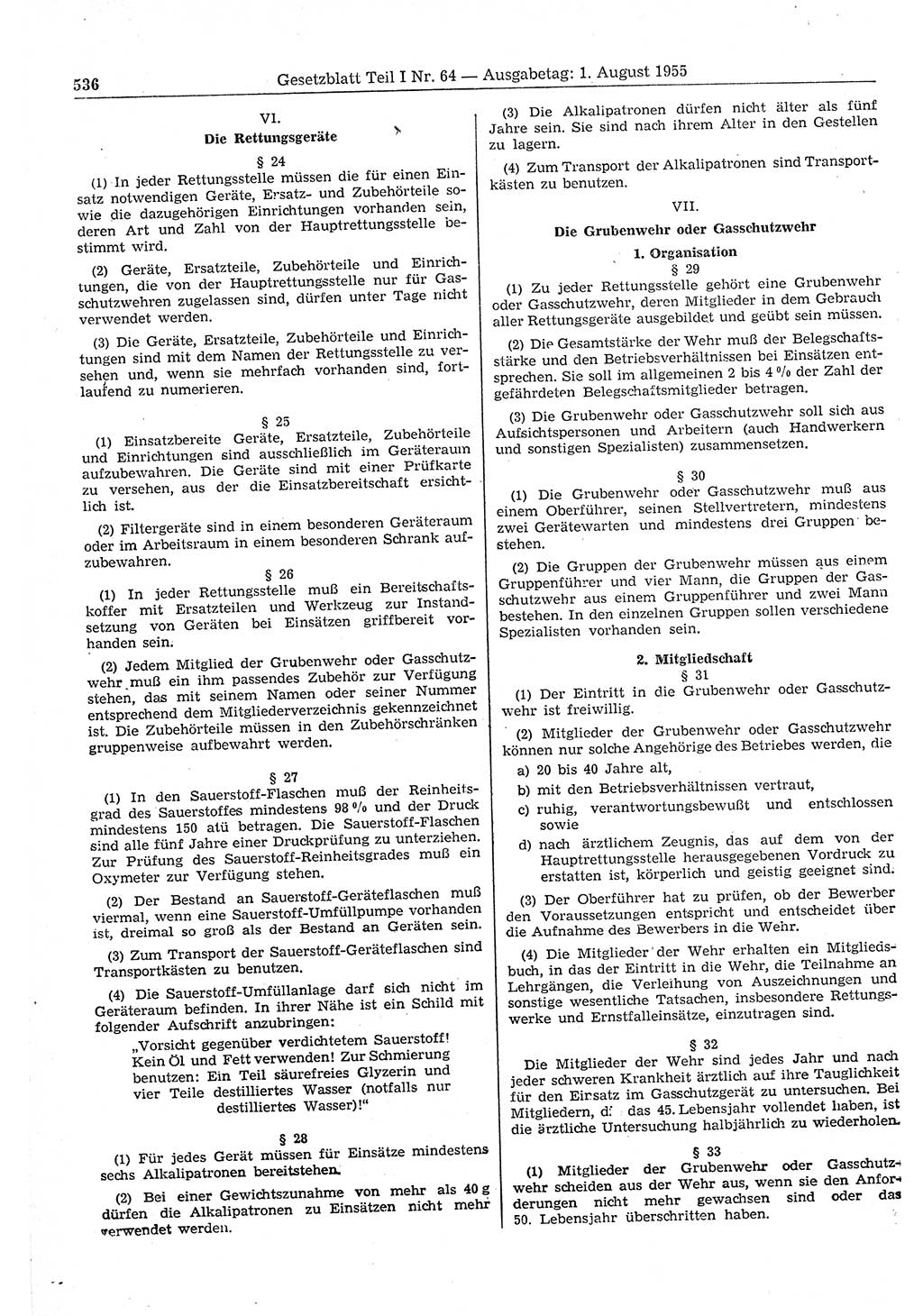 Gesetzblatt (GBl.) der Deutschen Demokratischen Republik (DDR) Teil Ⅰ 1955, Seite 536 (GBl. DDR Ⅰ 1955, S. 536)