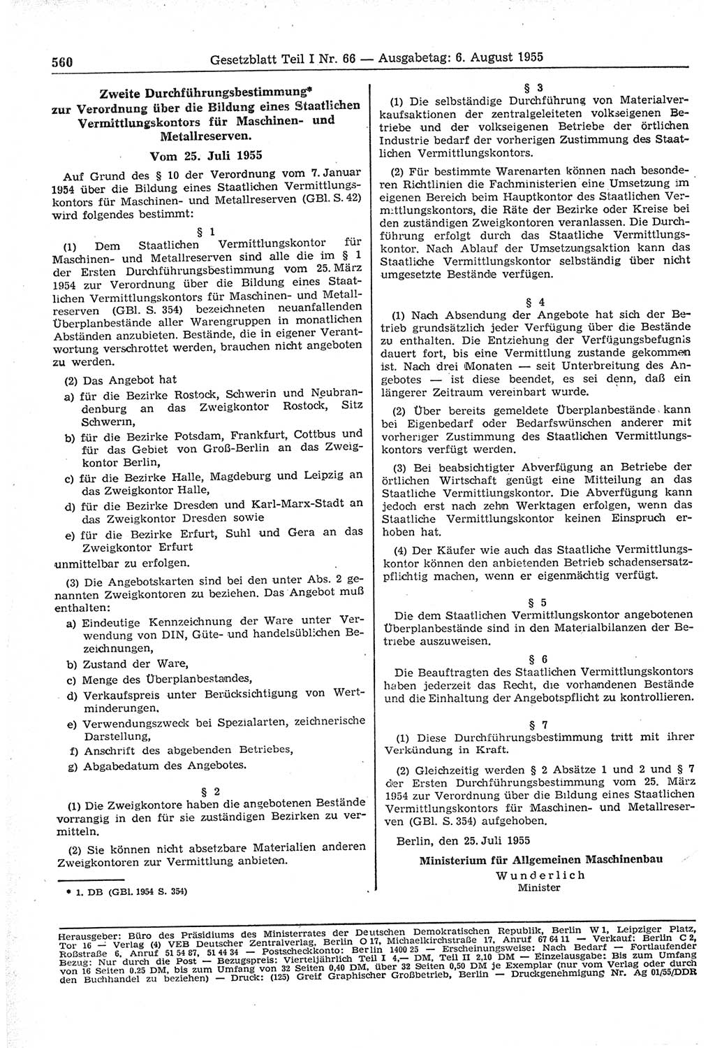 Gesetzblatt (GBl.) der Deutschen Demokratischen Republik (DDR) Teil Ⅰ 1955, Seite 560 (GBl. DDR Ⅰ 1955, S. 560)