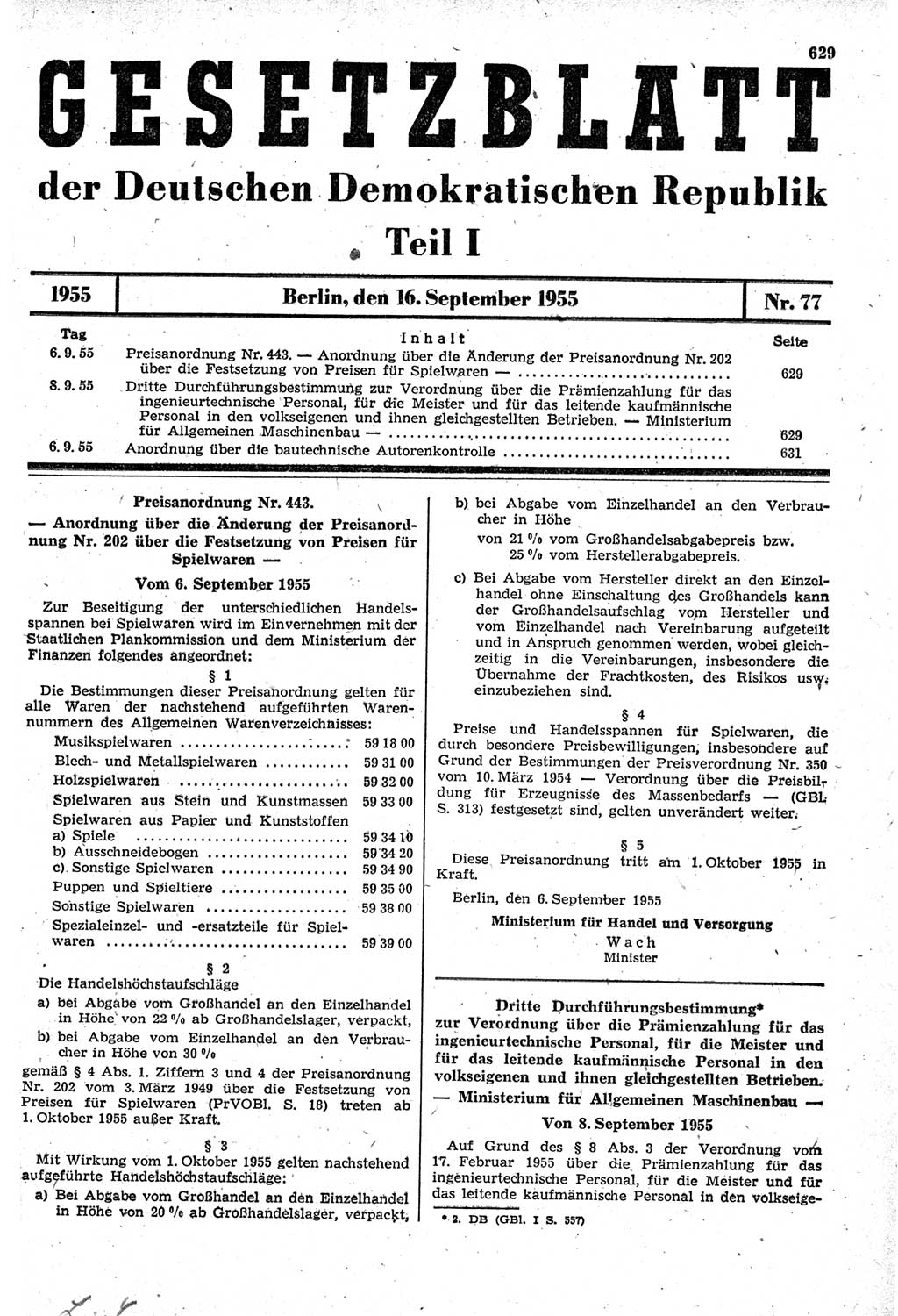 Gesetzblatt (GBl.) der Deutschen Demokratischen Republik (DDR) Teil Ⅰ 1955, Seite 629 (GBl. DDR Ⅰ 1955, S. 629)
