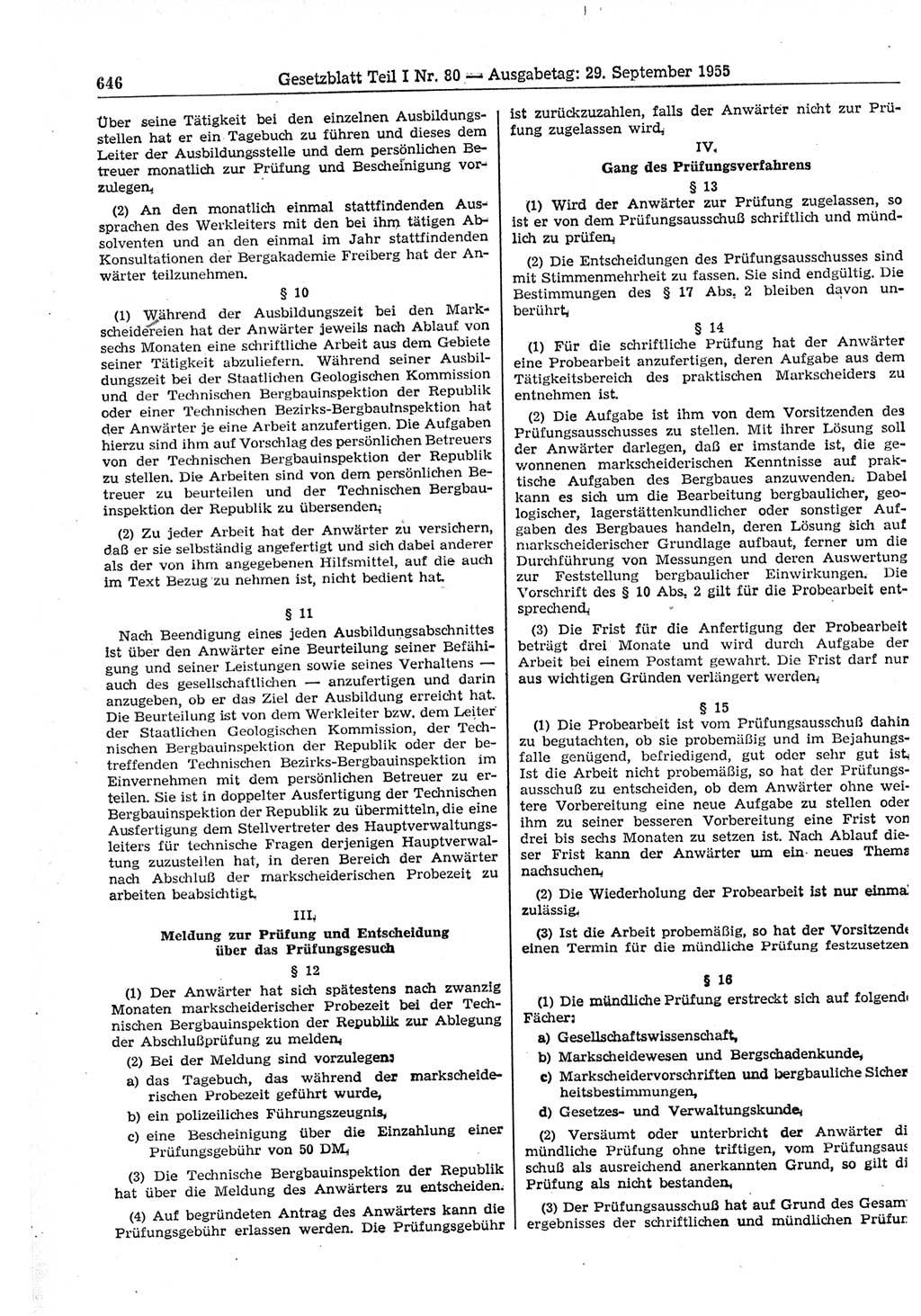 Gesetzblatt (GBl.) der Deutschen Demokratischen Republik (DDR) Teil Ⅰ 1955, Seite 646 (GBl. DDR Ⅰ 1955, S. 646)