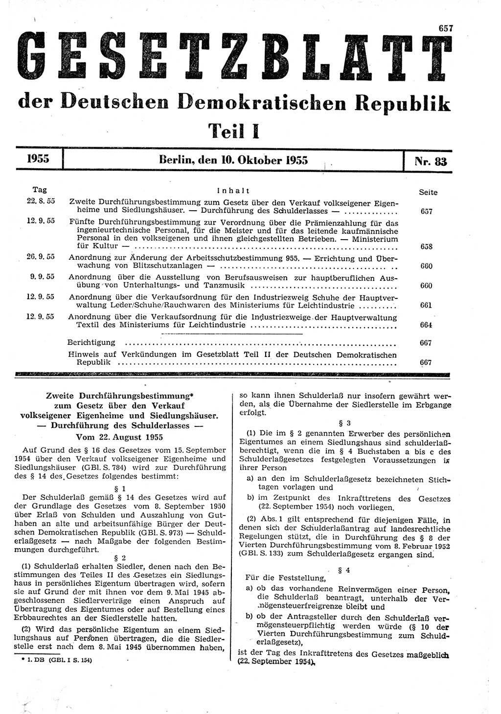 Gesetzblatt (GBl.) der Deutschen Demokratischen Republik (DDR) Teil Ⅰ 1955, Seite 657 (GBl. DDR Ⅰ 1955, S. 657)
