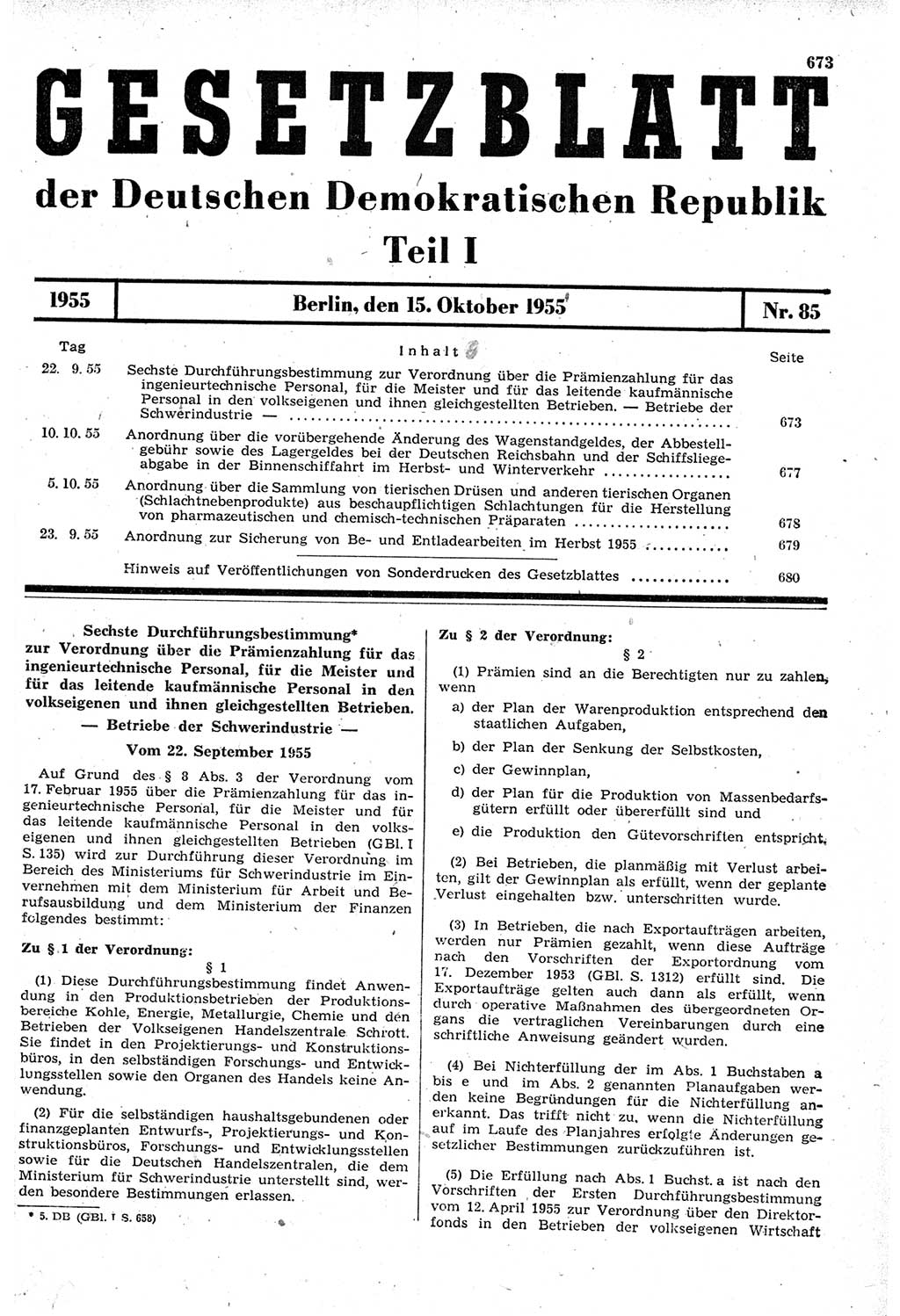 Gesetzblatt (GBl.) der Deutschen Demokratischen Republik (DDR) Teil Ⅰ 1955, Seite 673 (GBl. DDR Ⅰ 1955, S. 673)
