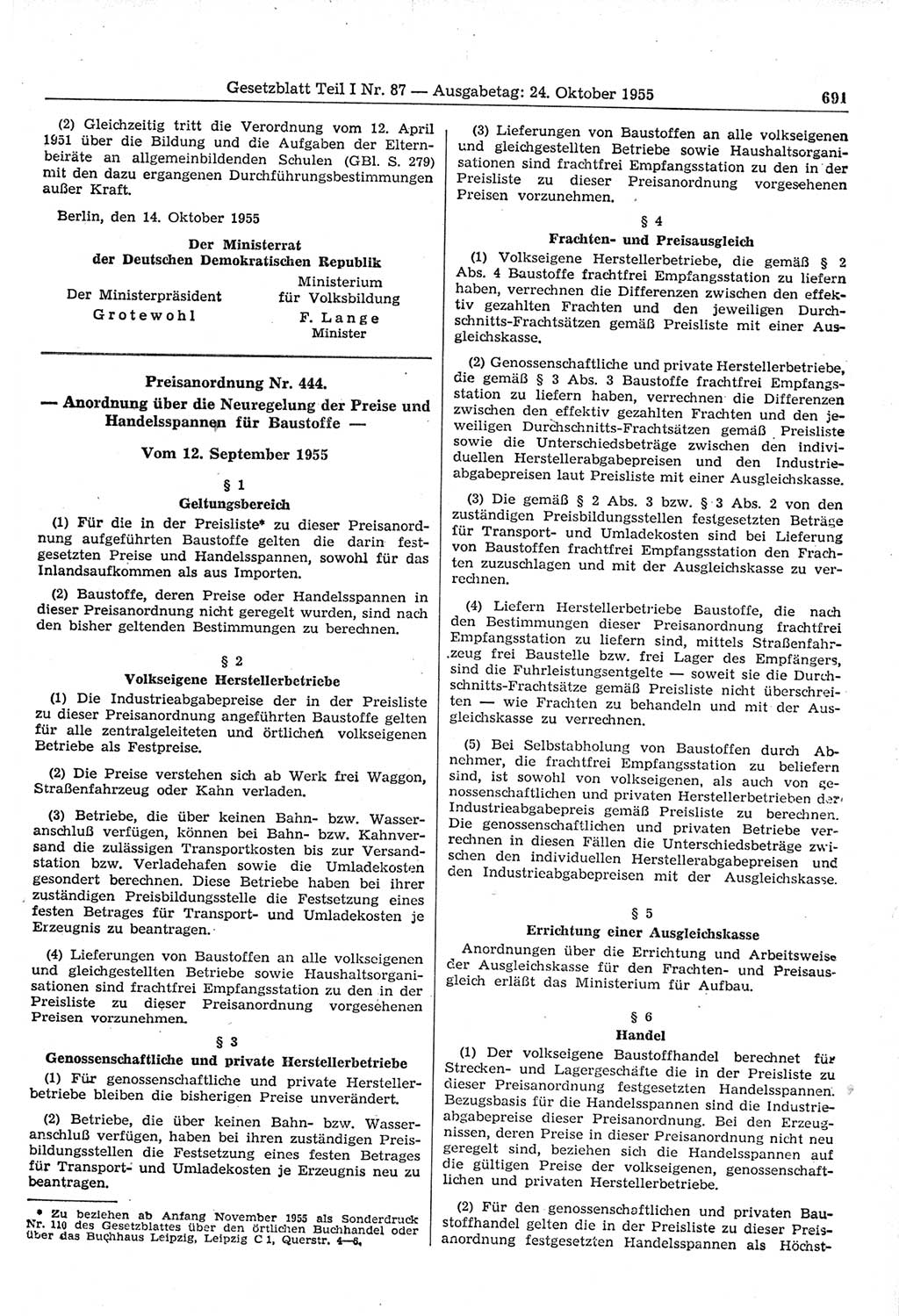 Gesetzblatt (GBl.) der Deutschen Demokratischen Republik (DDR) Teil Ⅰ 1955, Seite 691 (GBl. DDR Ⅰ 1955, S. 691)