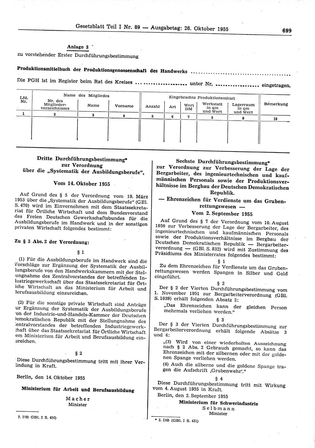 Gesetzblatt (GBl.) der Deutschen Demokratischen Republik (DDR) Teil Ⅰ 1955, Seite 699 (GBl. DDR Ⅰ 1955, S. 699)