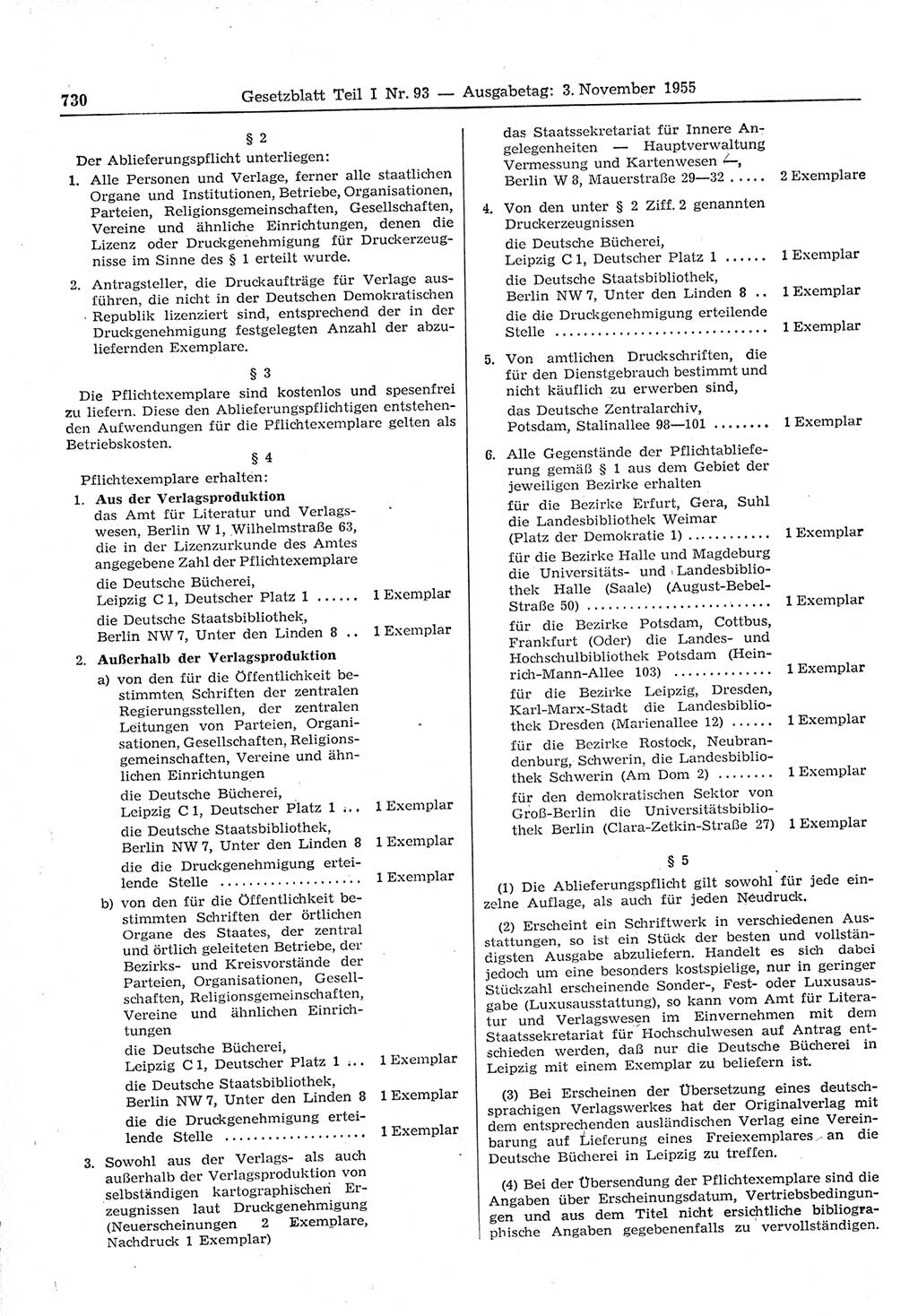 Gesetzblatt (GBl.) der Deutschen Demokratischen Republik (DDR) Teil Ⅰ 1955, Seite 730 (GBl. DDR Ⅰ 1955, S. 730)