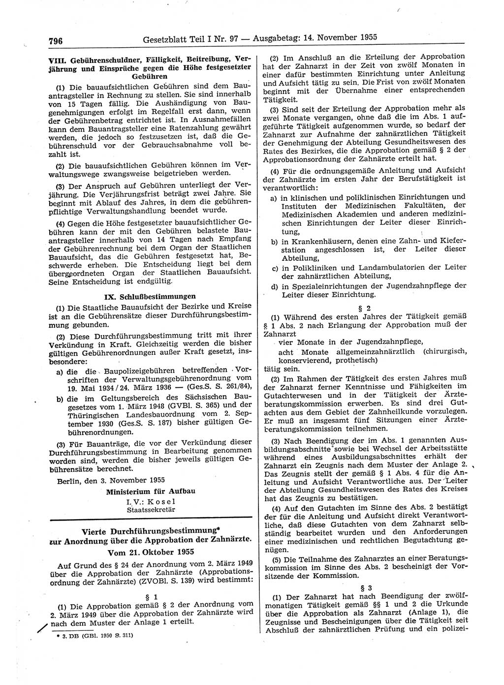 Gesetzblatt (GBl.) der Deutschen Demokratischen Republik (DDR) Teil Ⅰ 1955, Seite 796 (GBl. DDR Ⅰ 1955, S. 796)