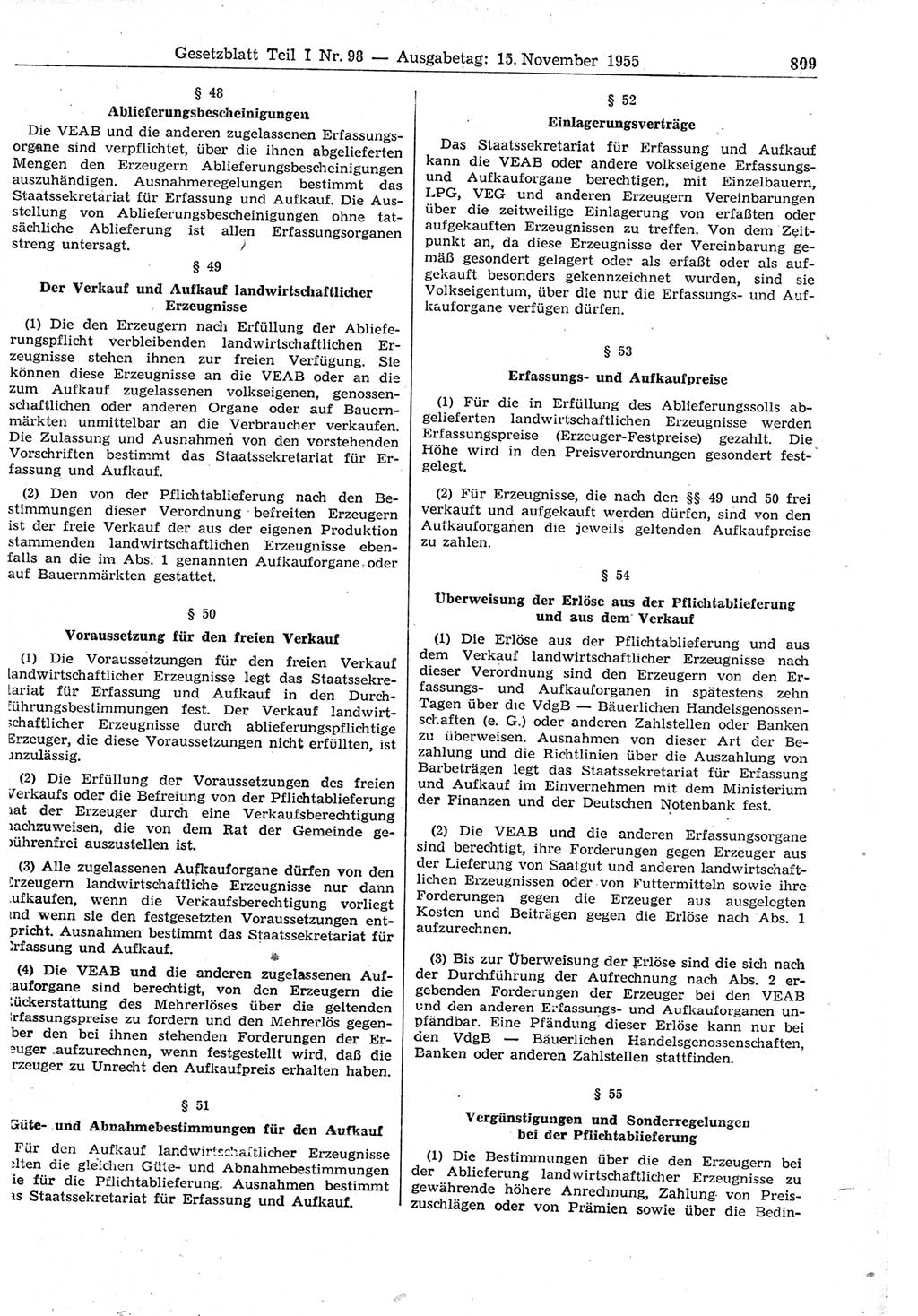 Gesetzblatt (GBl.) der Deutschen Demokratischen Republik (DDR) Teil Ⅰ 1955, Seite 809 (GBl. DDR Ⅰ 1955, S. 809)