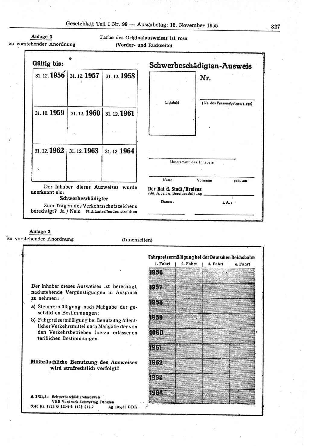 Gesetzblatt (GBl.) der Deutschen Demokratischen Republik (DDR) Teil Ⅰ 1955, Seite 827 (GBl. DDR Ⅰ 1955, S. 827)