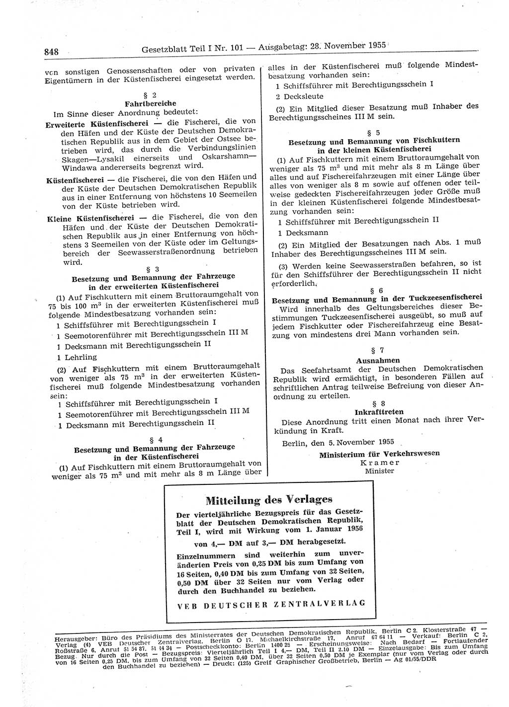 Gesetzblatt (GBl.) der Deutschen Demokratischen Republik (DDR) Teil Ⅰ 1955, Seite 848 (GBl. DDR Ⅰ 1955, S. 848)