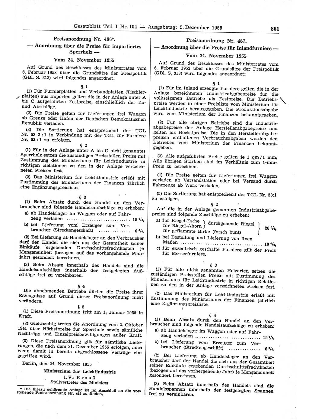 Gesetzblatt (GBl.) der Deutschen Demokratischen Republik (DDR) Teil Ⅰ 1955, Seite 861 (GBl. DDR Ⅰ 1955, S. 861)