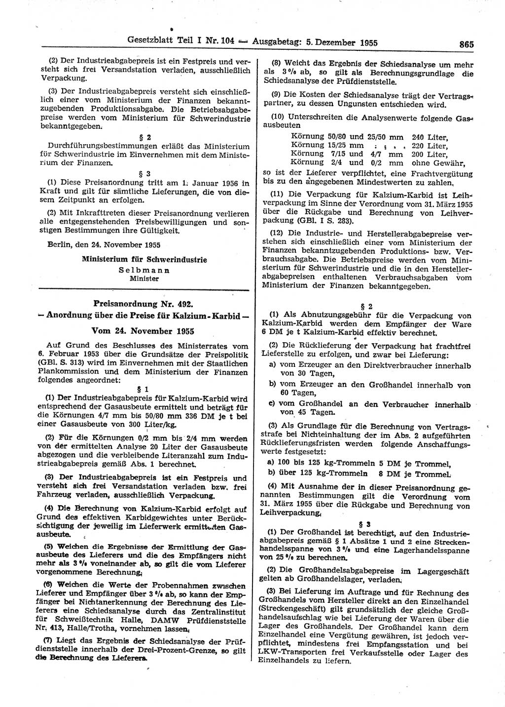 Gesetzblatt (GBl.) der Deutschen Demokratischen Republik (DDR) Teil Ⅰ 1955, Seite 865 (GBl. DDR Ⅰ 1955, S. 865)