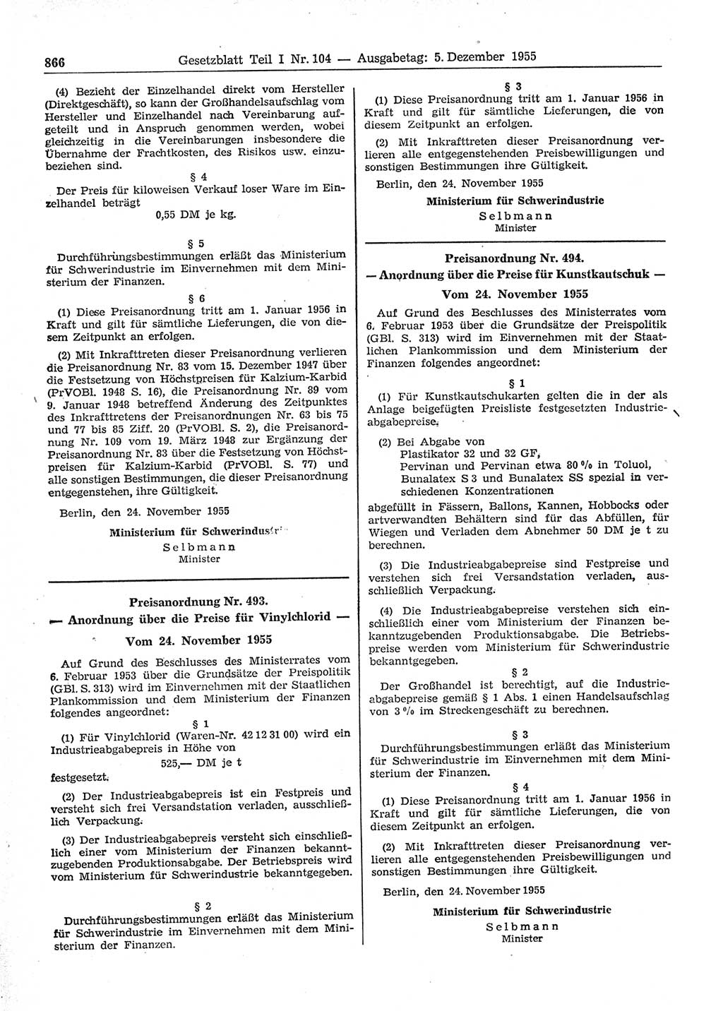 Gesetzblatt (GBl.) der Deutschen Demokratischen Republik (DDR) Teil Ⅰ 1955, Seite 866 (GBl. DDR Ⅰ 1955, S. 866)