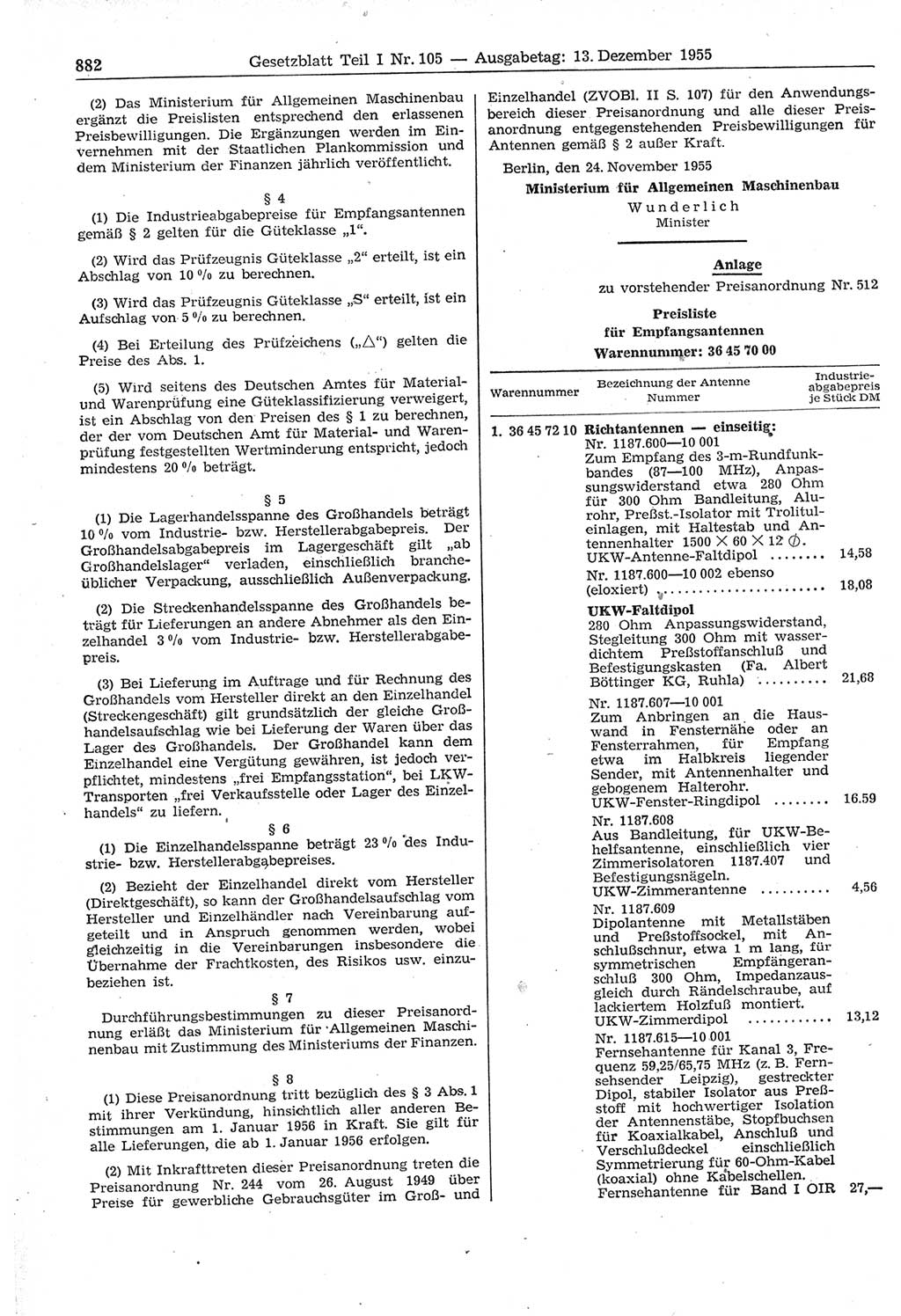 Gesetzblatt (GBl.) der Deutschen Demokratischen Republik (DDR) Teil Ⅰ 1955, Seite 882 (GBl. DDR Ⅰ 1955, S. 882)