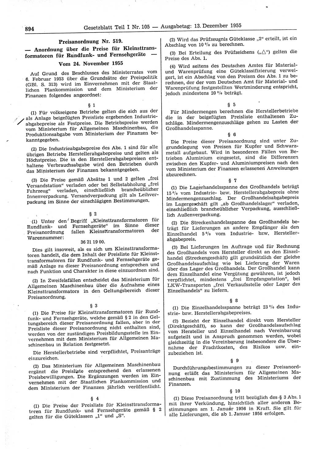 Gesetzblatt (GBl.) der Deutschen Demokratischen Republik (DDR) Teil Ⅰ 1955, Seite 894 (GBl. DDR Ⅰ 1955, S. 894)