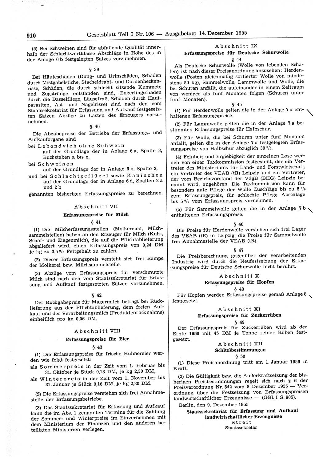Gesetzblatt (GBl.) der Deutschen Demokratischen Republik (DDR) Teil Ⅰ 1955, Seite 910 (GBl. DDR Ⅰ 1955, S. 910)
