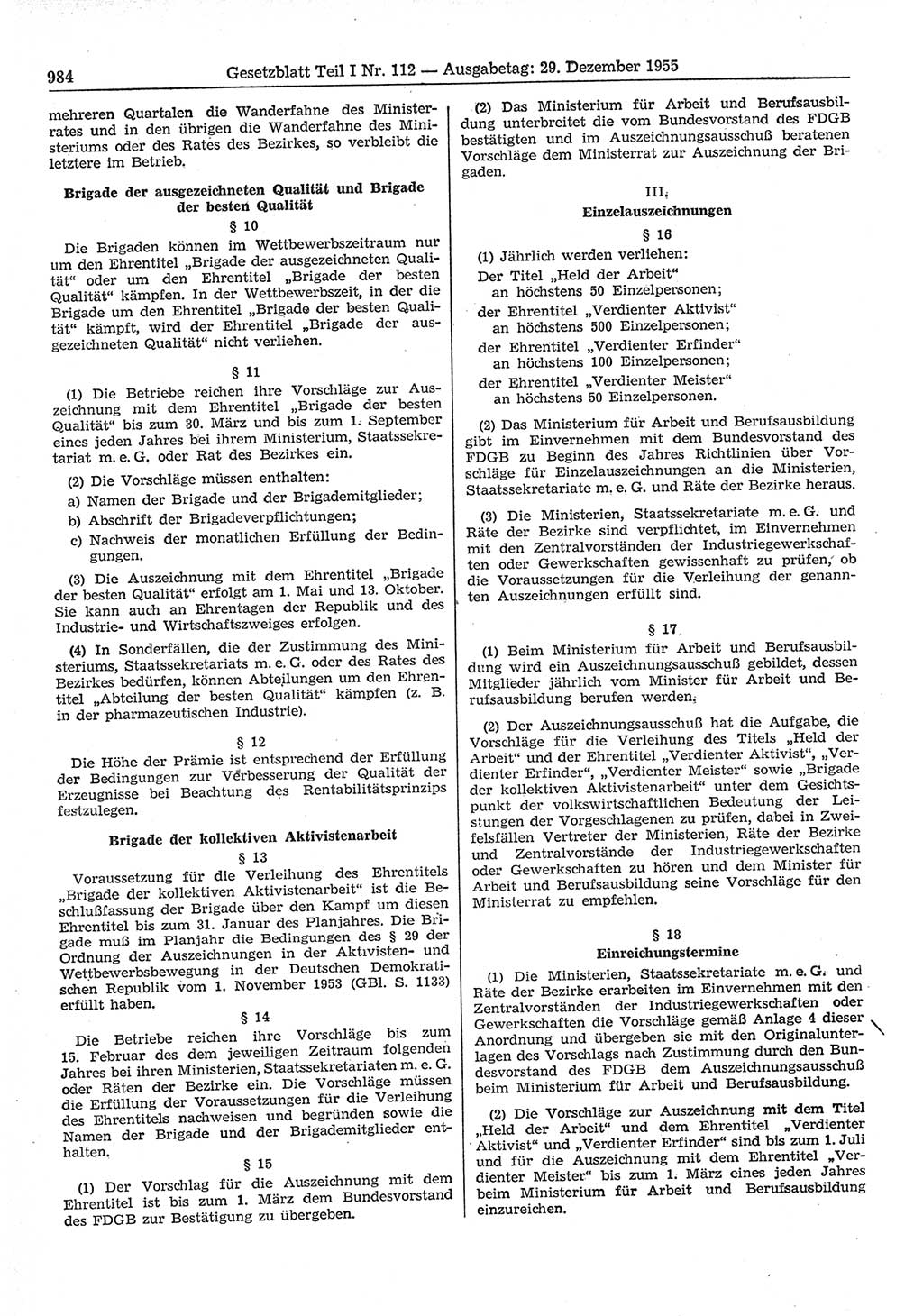 Gesetzblatt (GBl.) der Deutschen Demokratischen Republik (DDR) Teil Ⅰ 1955, Seite 984 (GBl. DDR Ⅰ 1955, S. 984)