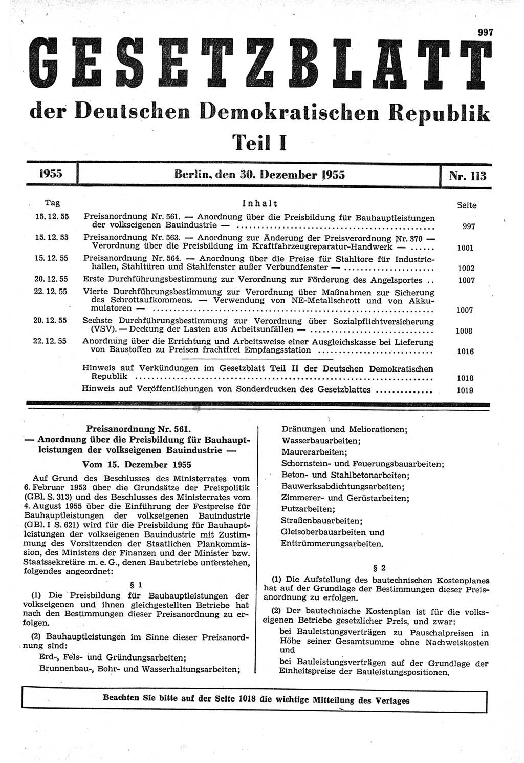 Gesetzblatt (GBl.) der Deutschen Demokratischen Republik (DDR) Teil Ⅰ 1955, Seite 997 (GBl. DDR Ⅰ 1955, S. 997)