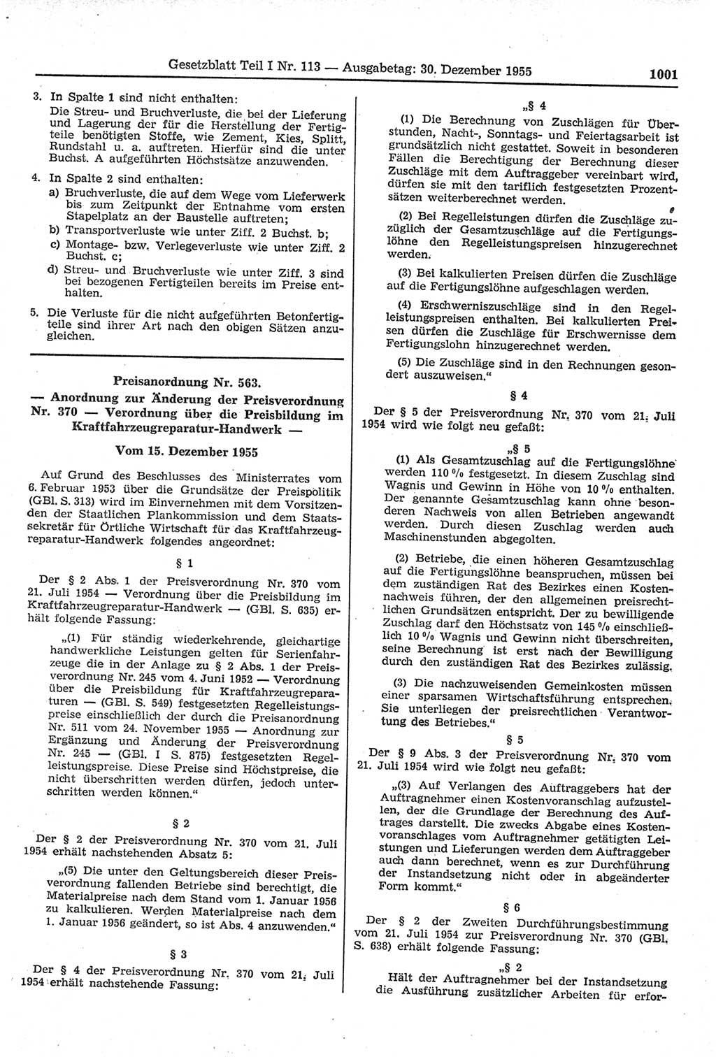 Gesetzblatt (GBl.) der Deutschen Demokratischen Republik (DDR) Teil Ⅰ 1955, Seite 1001 (GBl. DDR Ⅰ 1955, S. 1001)