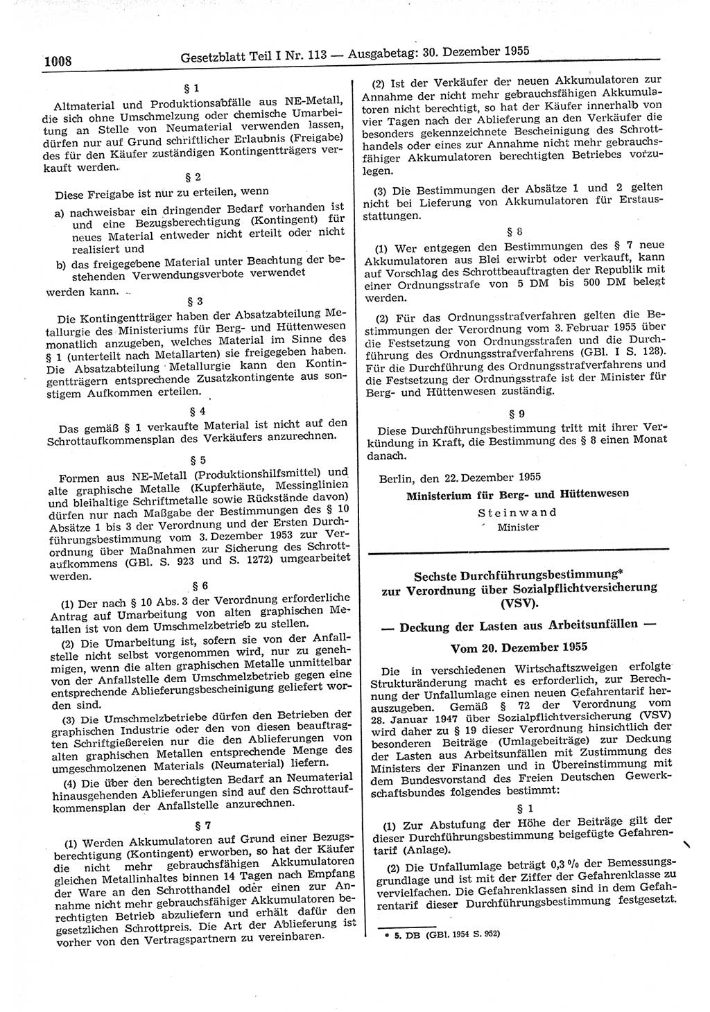 Gesetzblatt (GBl.) der Deutschen Demokratischen Republik (DDR) Teil Ⅰ 1955, Seite 1008 (GBl. DDR Ⅰ 1955, S. 1008)