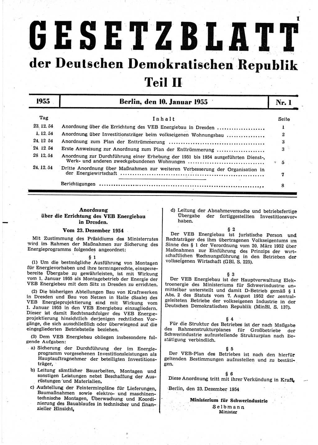 Gesetzblatt (GBl.) der Deutschen Demokratischen Republik (DDR) Teil ⅠⅠ 1955, Seite 1 (GBl. DDR ⅠⅠ 1955, S. 1)