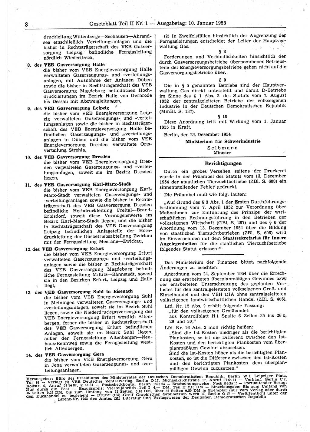 Gesetzblatt (GBl.) der Deutschen Demokratischen Republik (DDR) Teil ⅠⅠ 1955, Seite 8 (GBl. DDR ⅠⅠ 1955, S. 8)
