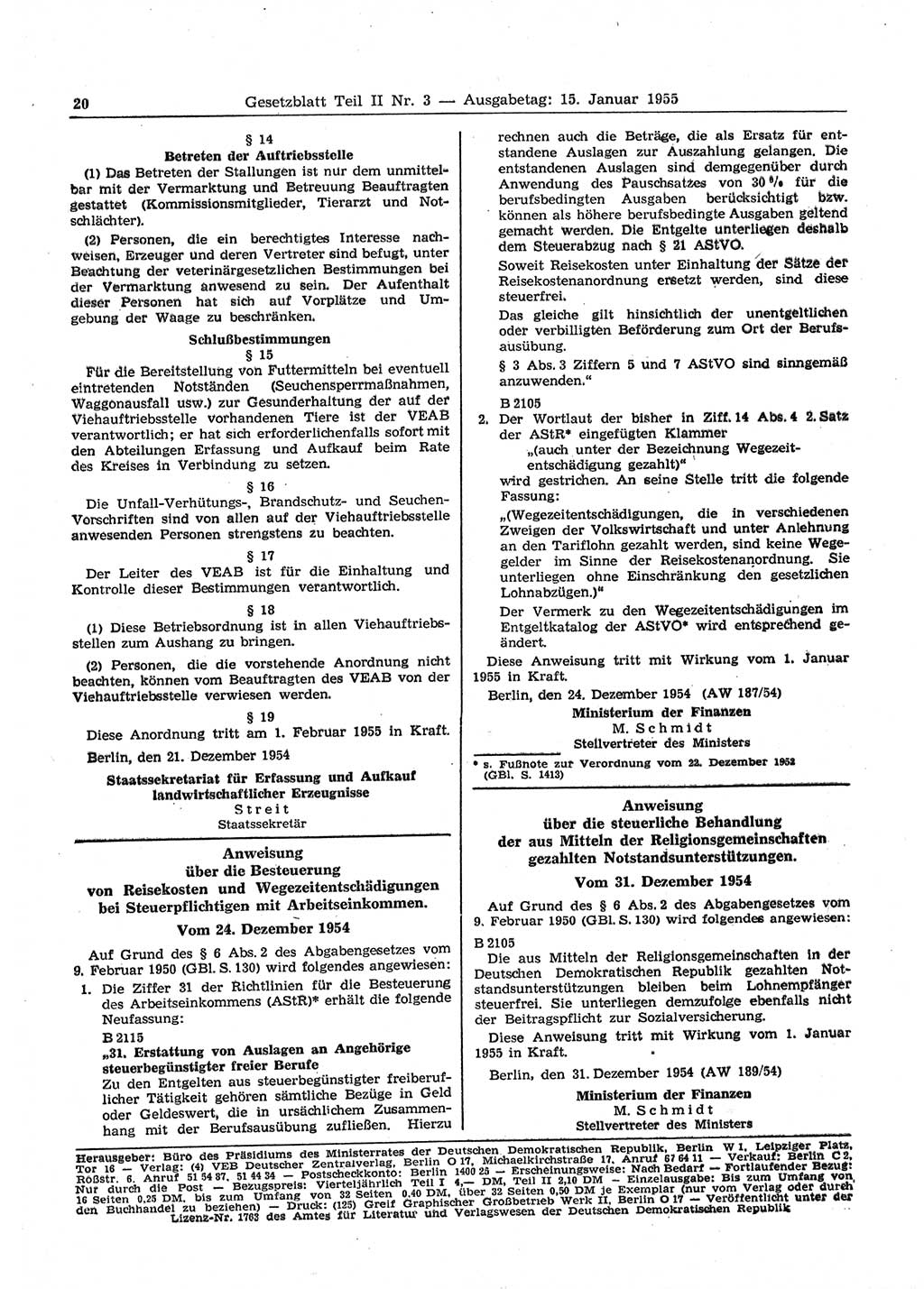 Gesetzblatt (GBl.) der Deutschen Demokratischen Republik (DDR) Teil ⅠⅠ 1955, Seite 20 (GBl. DDR ⅠⅠ 1955, S. 20)