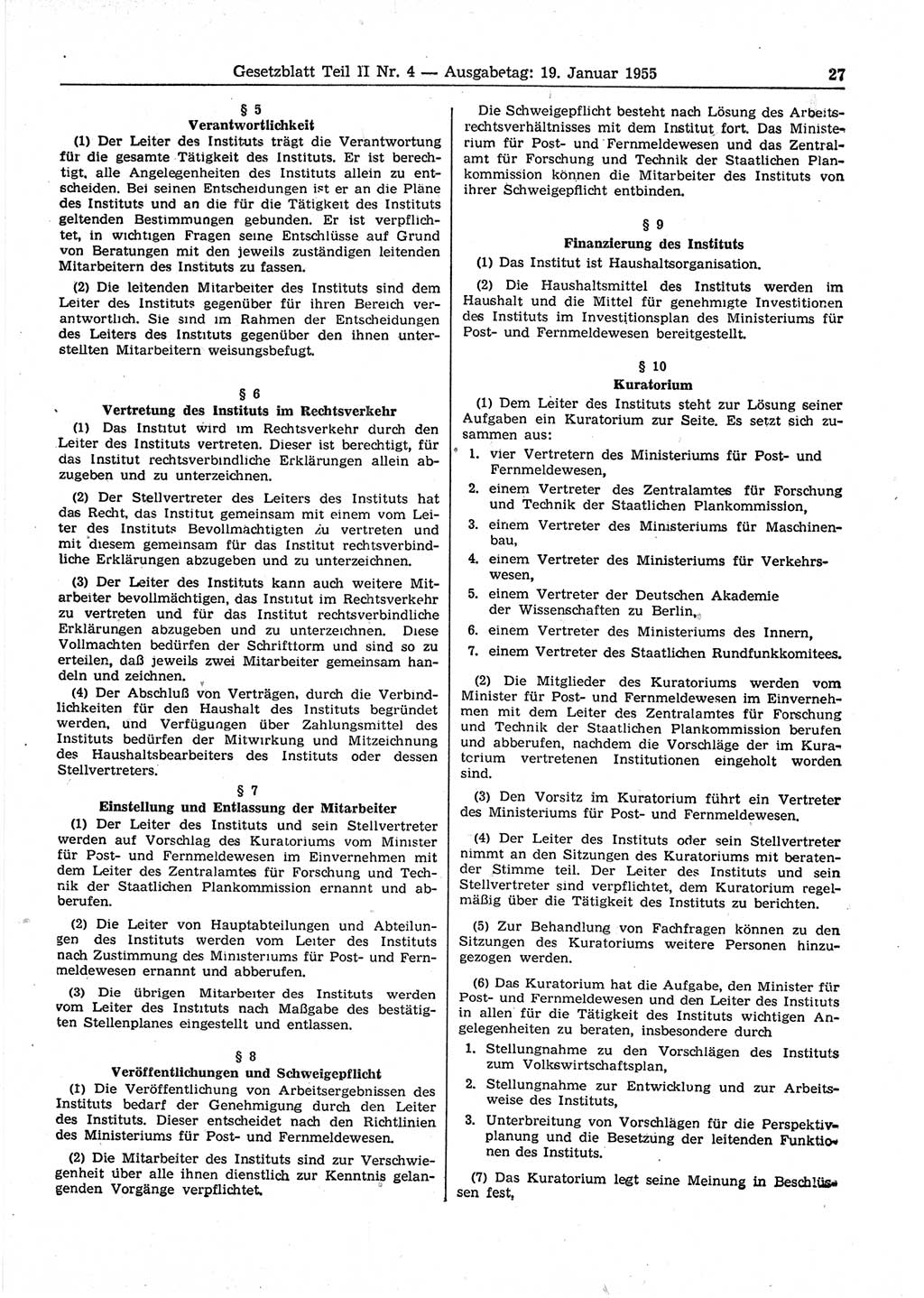 Gesetzblatt (GBl.) der Deutschen Demokratischen Republik (DDR) Teil ⅠⅠ 1955, Seite 27 (GBl. DDR ⅠⅠ 1955, S. 27)