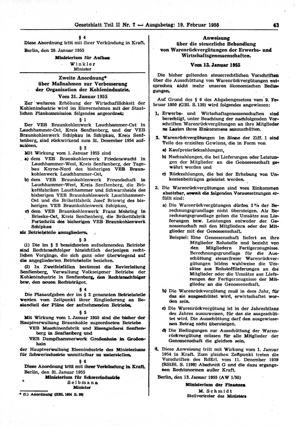 Gesetzblatt (GBl.) der Deutschen Demokratischen Republik (DDR) Teil ⅠⅠ 1955, Seite 43 (GBl. DDR ⅠⅠ 1955, S. 43)