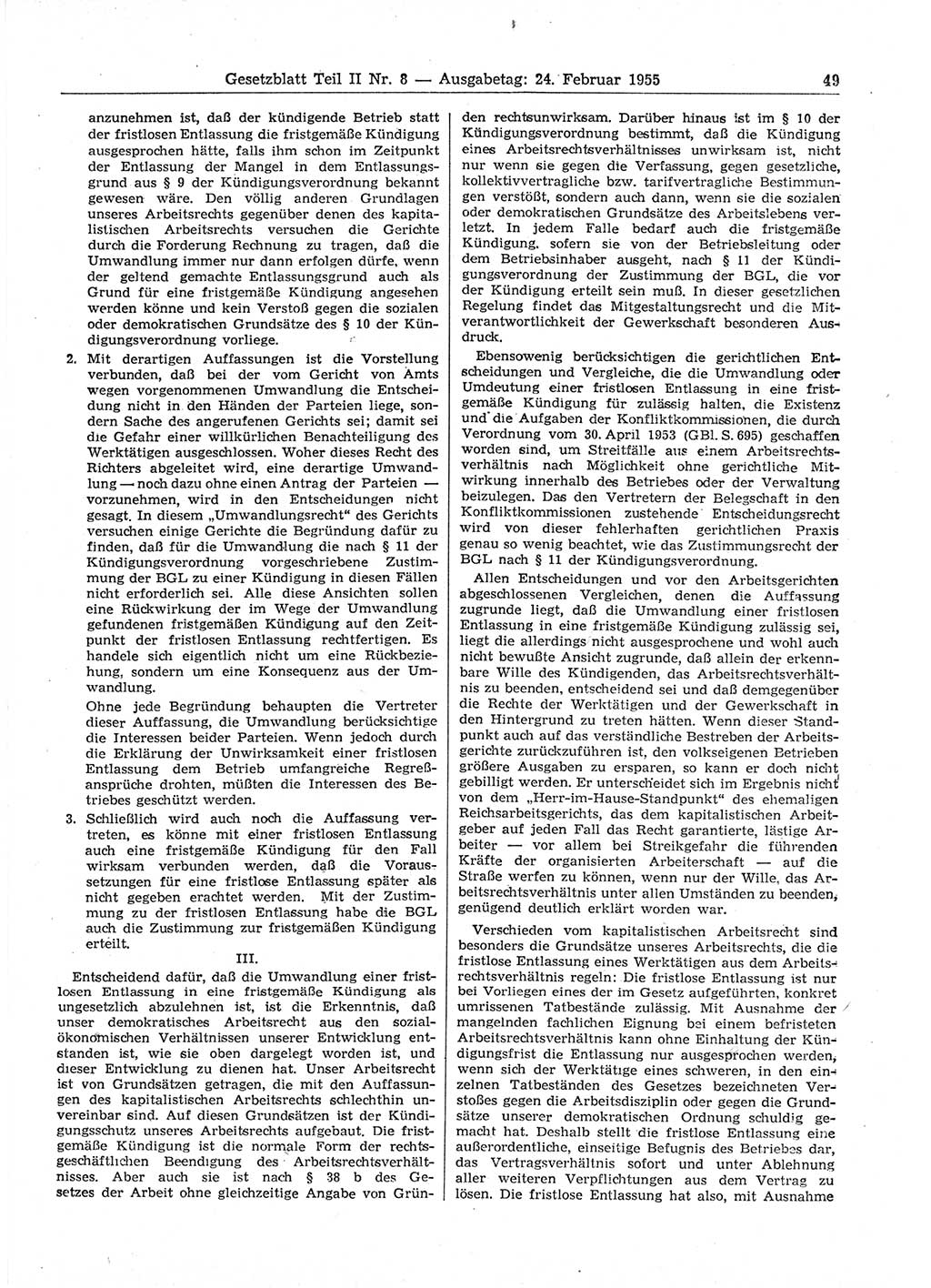 Gesetzblatt (GBl.) der Deutschen Demokratischen Republik (DDR) Teil ⅠⅠ 1955, Seite 49 (GBl. DDR ⅠⅠ 1955, S. 49)