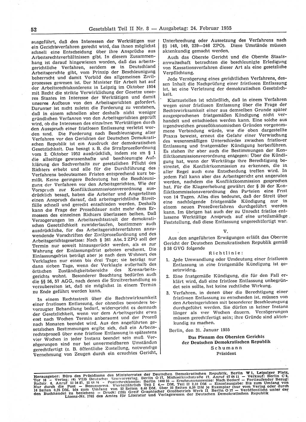 Gesetzblatt (GBl.) der Deutschen Demokratischen Republik (DDR) Teil ⅠⅠ 1955, Seite 52 (GBl. DDR ⅠⅠ 1955, S. 52)