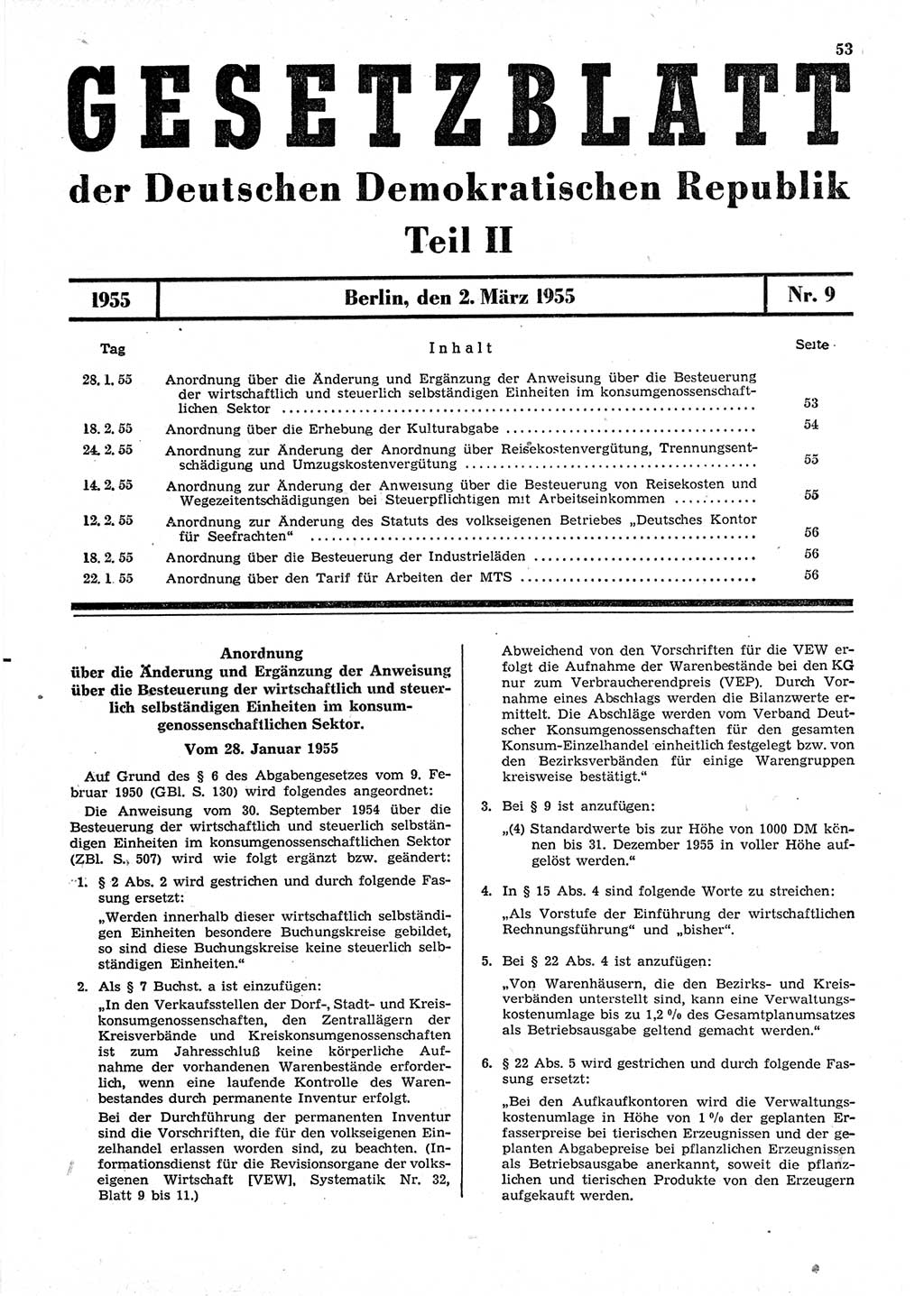 Gesetzblatt (GBl.) der Deutschen Demokratischen Republik (DDR) Teil ⅠⅠ 1955, Seite 53 (GBl. DDR ⅠⅠ 1955, S. 53)