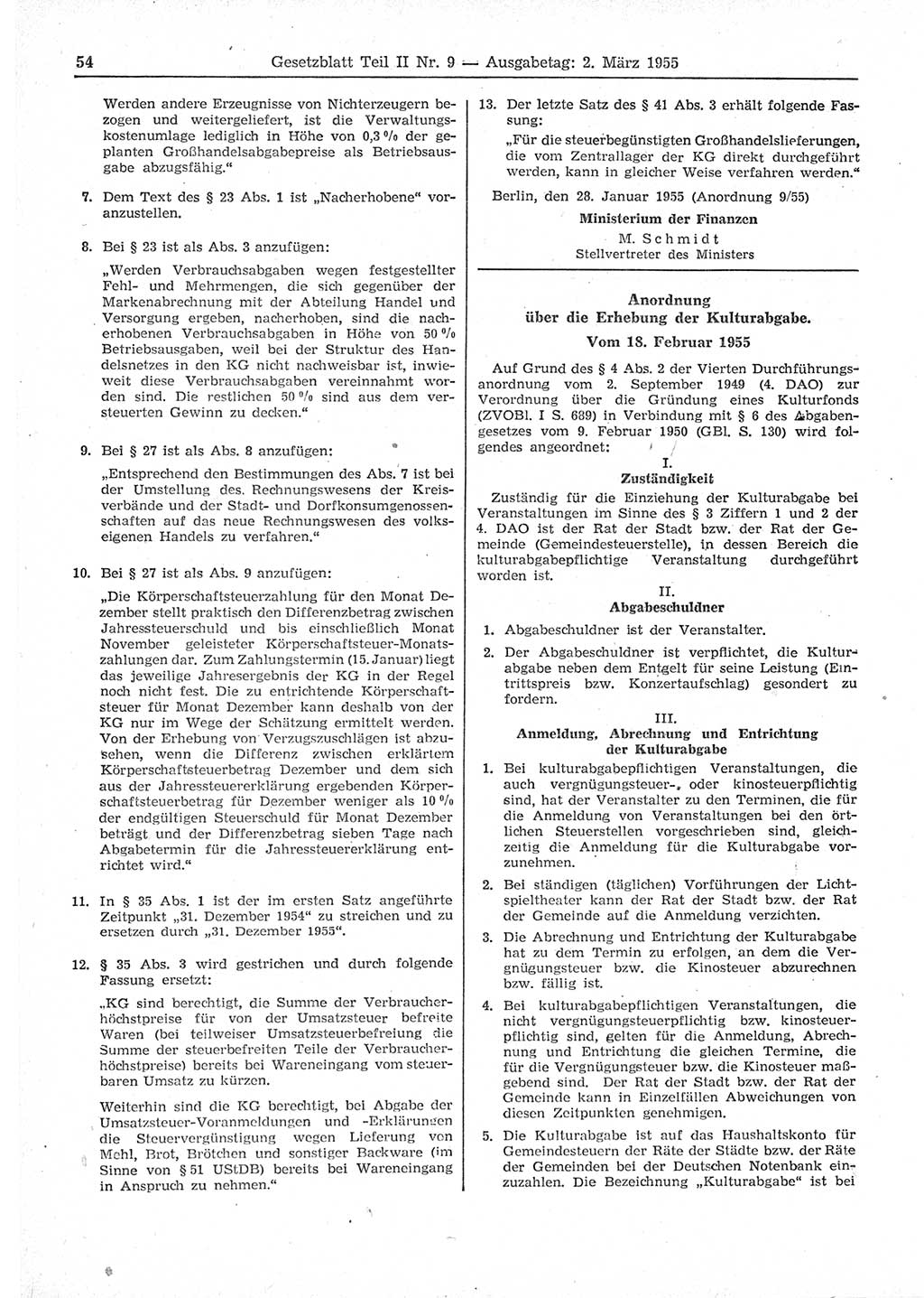 Gesetzblatt (GBl.) der Deutschen Demokratischen Republik (DDR) Teil ⅠⅠ 1955, Seite 54 (GBl. DDR ⅠⅠ 1955, S. 54)