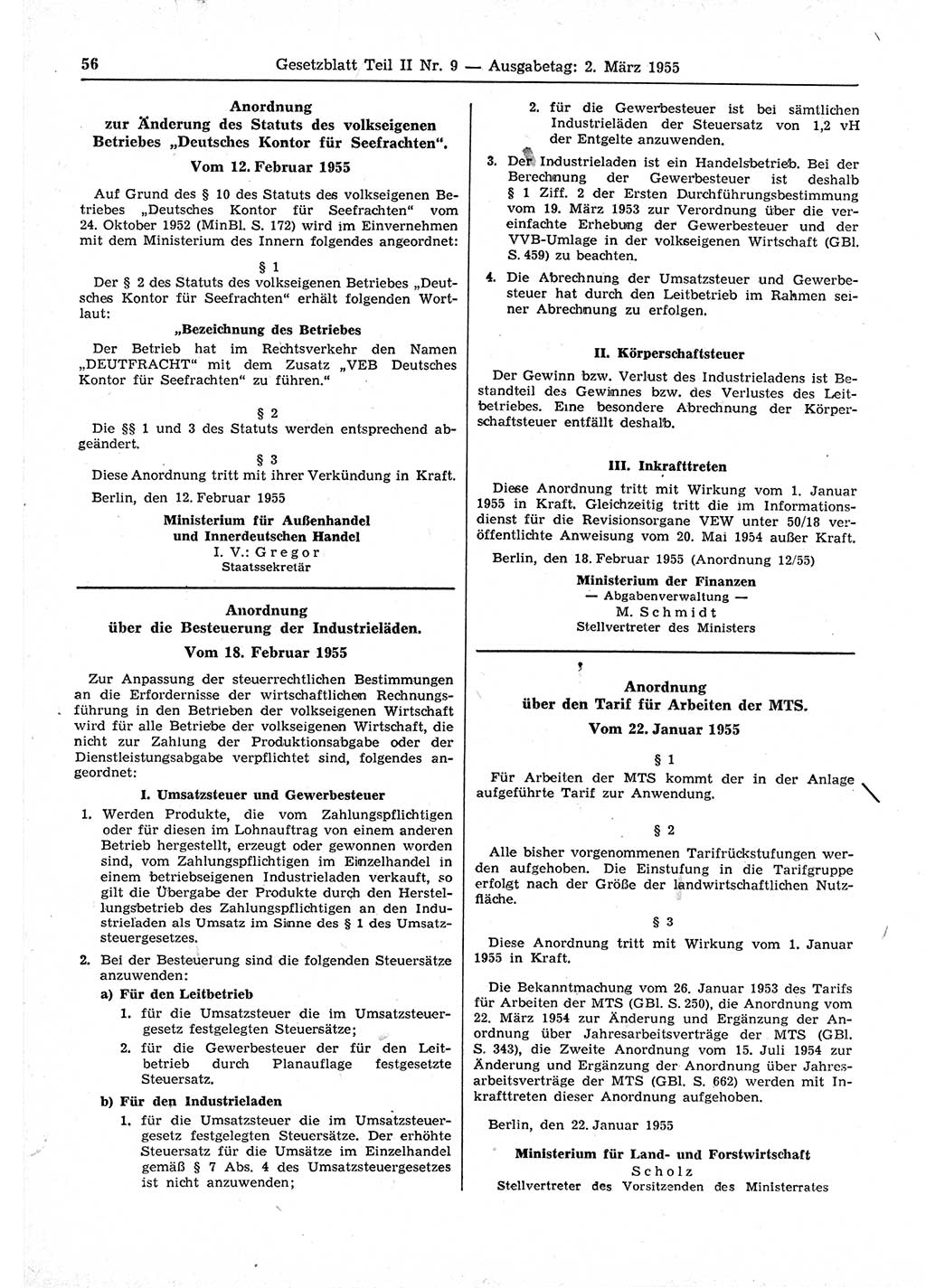 Gesetzblatt (GBl.) der Deutschen Demokratischen Republik (DDR) Teil ⅠⅠ 1955, Seite 56 (GBl. DDR ⅠⅠ 1955, S. 56)