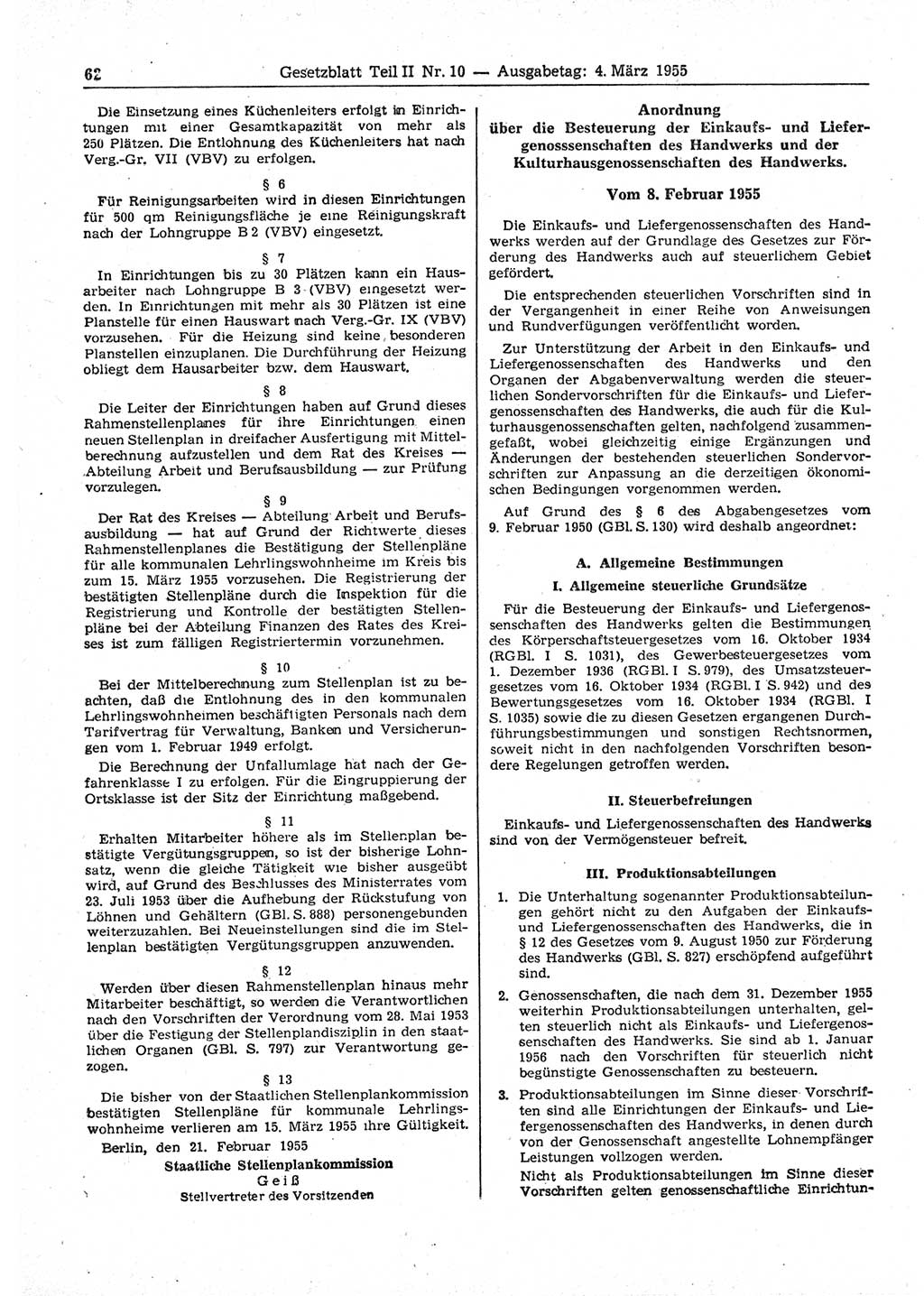 Gesetzblatt (GBl.) der Deutschen Demokratischen Republik (DDR) Teil ⅠⅠ 1955, Seite 62 (GBl. DDR ⅠⅠ 1955, S. 62)