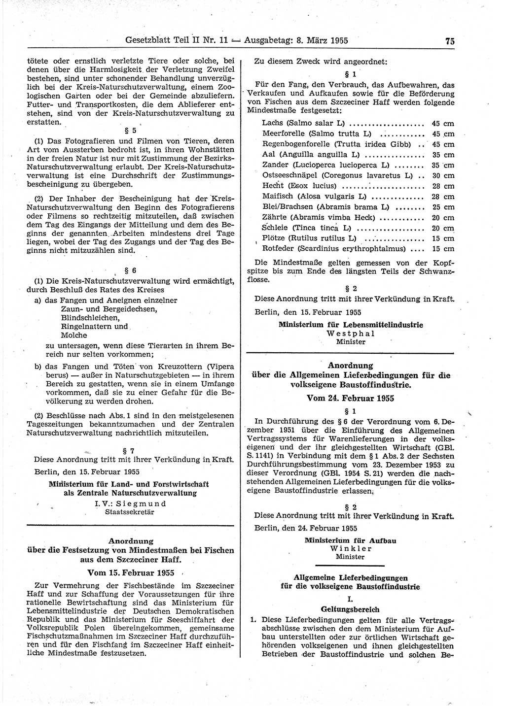 Gesetzblatt (GBl.) der Deutschen Demokratischen Republik (DDR) Teil ⅠⅠ 1955, Seite 75 (GBl. DDR ⅠⅠ 1955, S. 75)