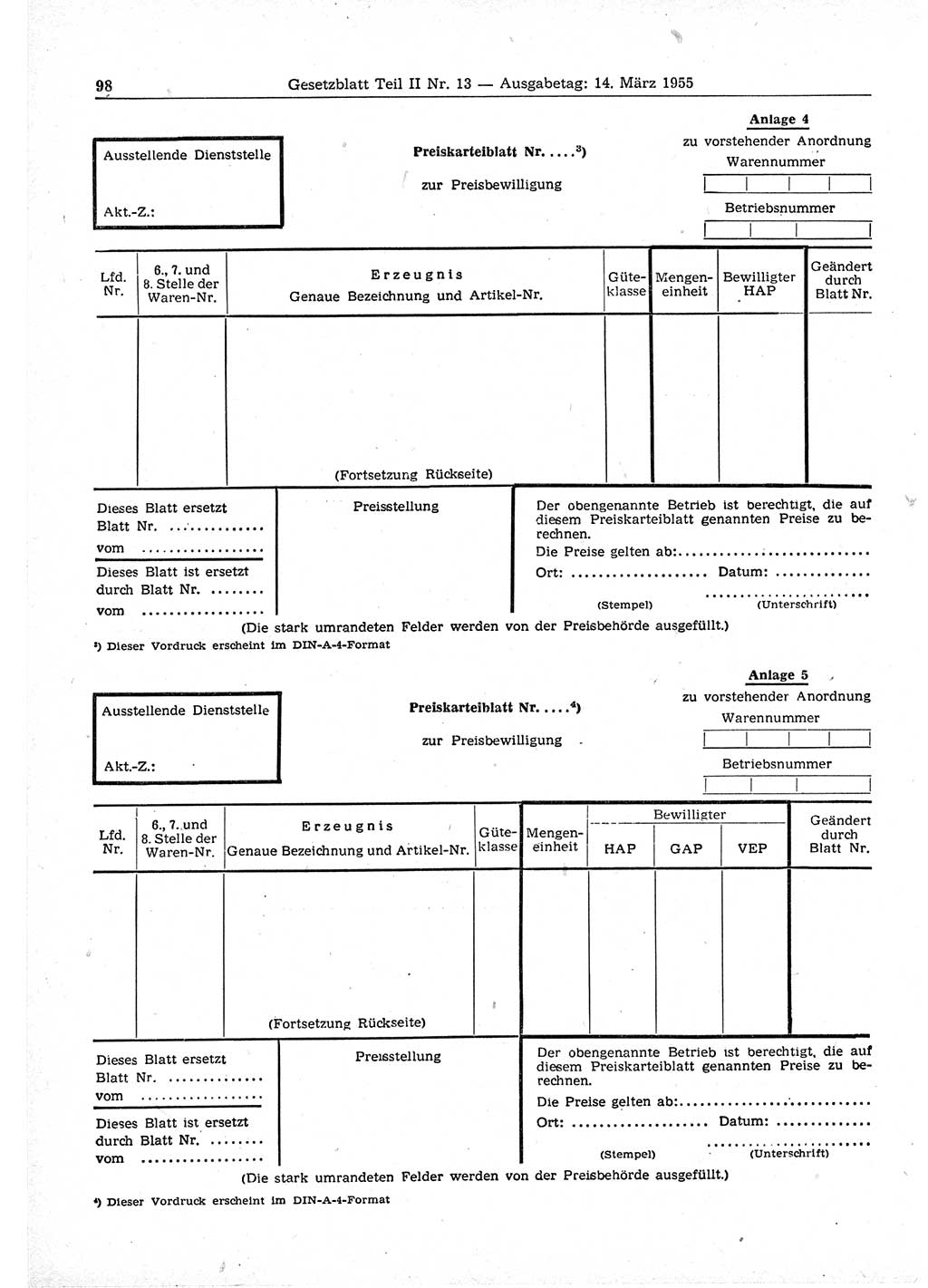 Gesetzblatt (GBl.) der Deutschen Demokratischen Republik (DDR) Teil ⅠⅠ 1955, Seite 98 (GBl. DDR ⅠⅠ 1955, S. 98)