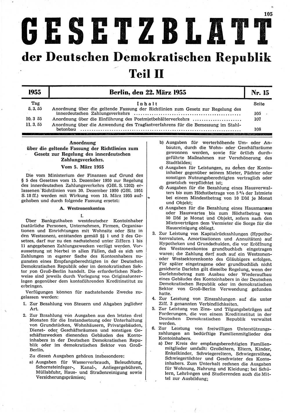 Gesetzblatt (GBl.) der Deutschen Demokratischen Republik (DDR) Teil ⅠⅠ 1955, Seite 105 (GBl. DDR ⅠⅠ 1955, S. 105)