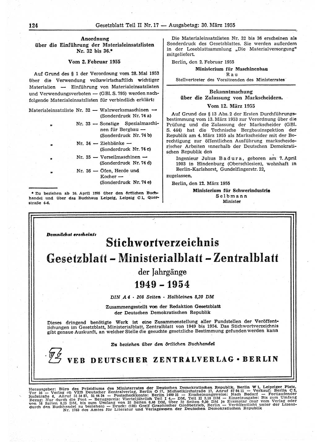 Gesetzblatt (GBl.) der Deutschen Demokratischen Republik (DDR) Teil ⅠⅠ 1955, Seite 124 (GBl. DDR ⅠⅠ 1955, S. 124)