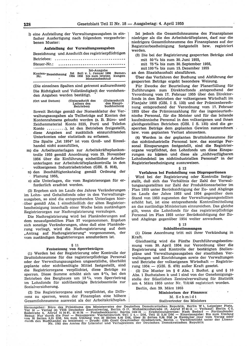 Gesetzblatt (GBl.) der Deutschen Demokratischen Republik (DDR) Teil ⅠⅠ 1955, Seite 128 (GBl. DDR ⅠⅠ 1955, S. 128)