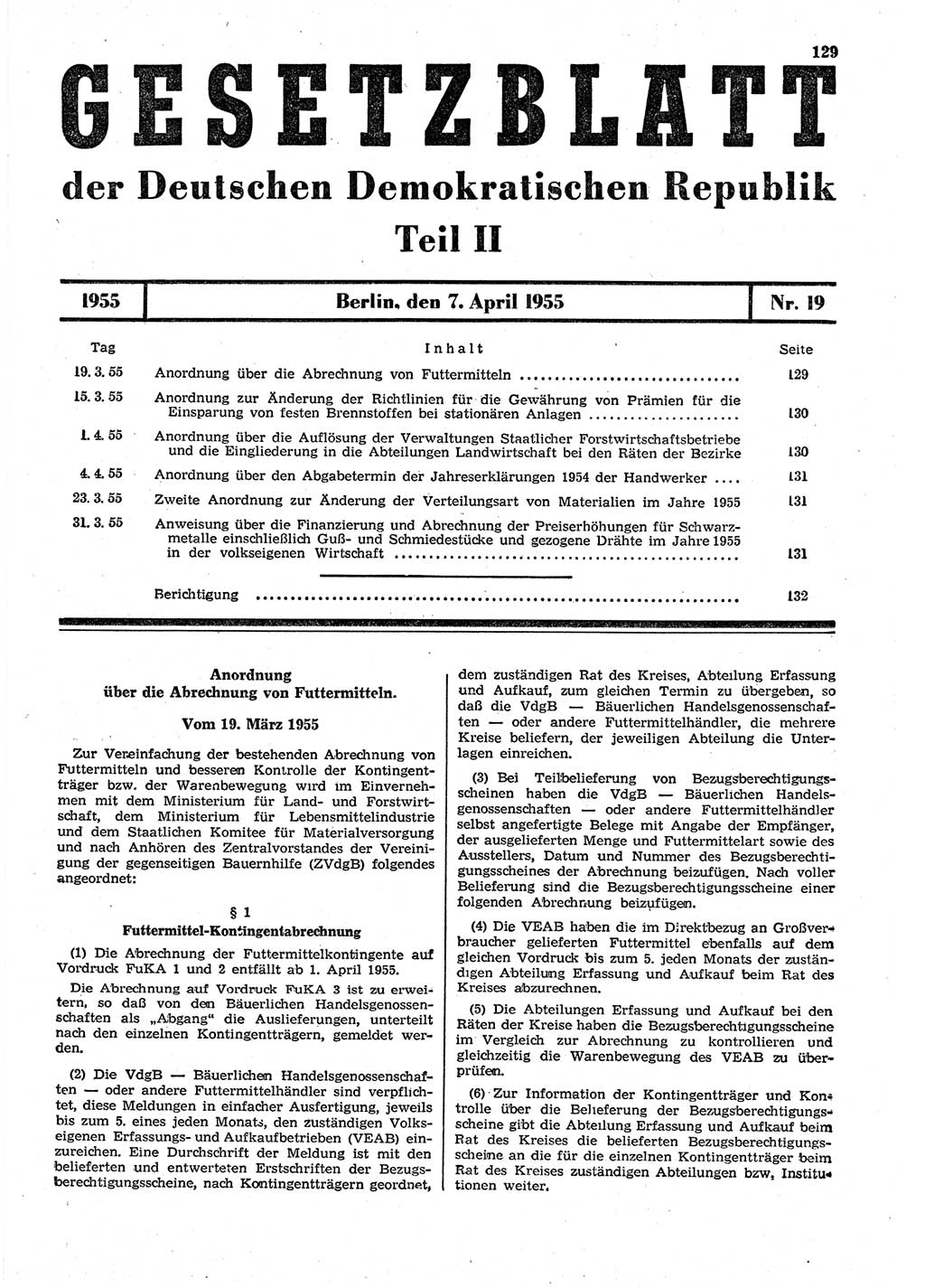 Gesetzblatt (GBl.) der Deutschen Demokratischen Republik (DDR) Teil ⅠⅠ 1955, Seite 129 (GBl. DDR ⅠⅠ 1955, S. 129)