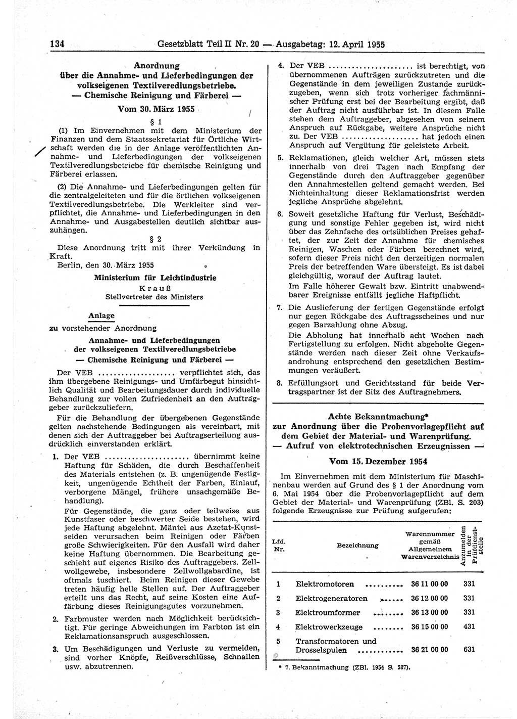 Gesetzblatt (GBl.) der Deutschen Demokratischen Republik (DDR) Teil ⅠⅠ 1955, Seite 134 (GBl. DDR ⅠⅠ 1955, S. 134)